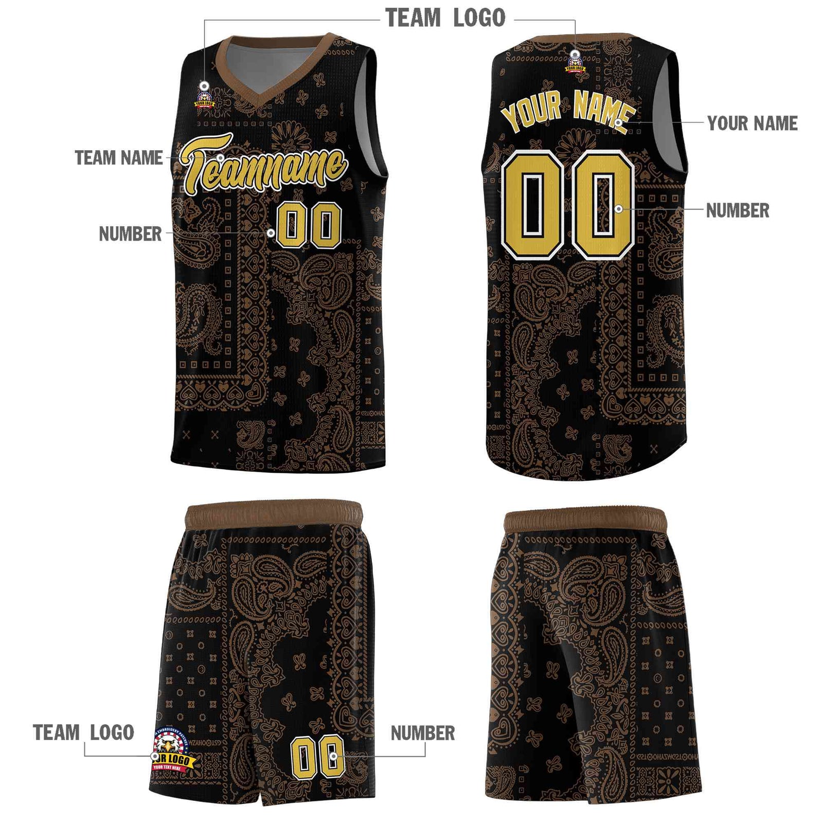 Custom Black Basketball Kits With Light Brown Cashew Flower Print Pattern