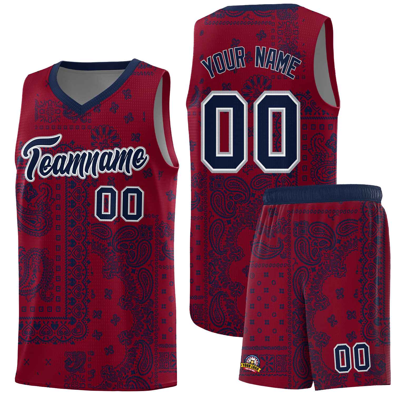 Custom Crimson Basketball Kits With Navy Cashew Flower Print Pattern