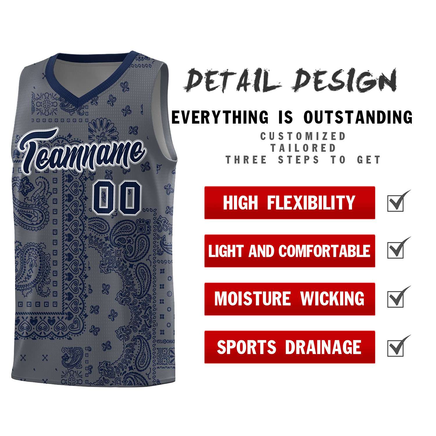 Custom Gray Basketball Kits With Navy Cashew Flower Print Pattern