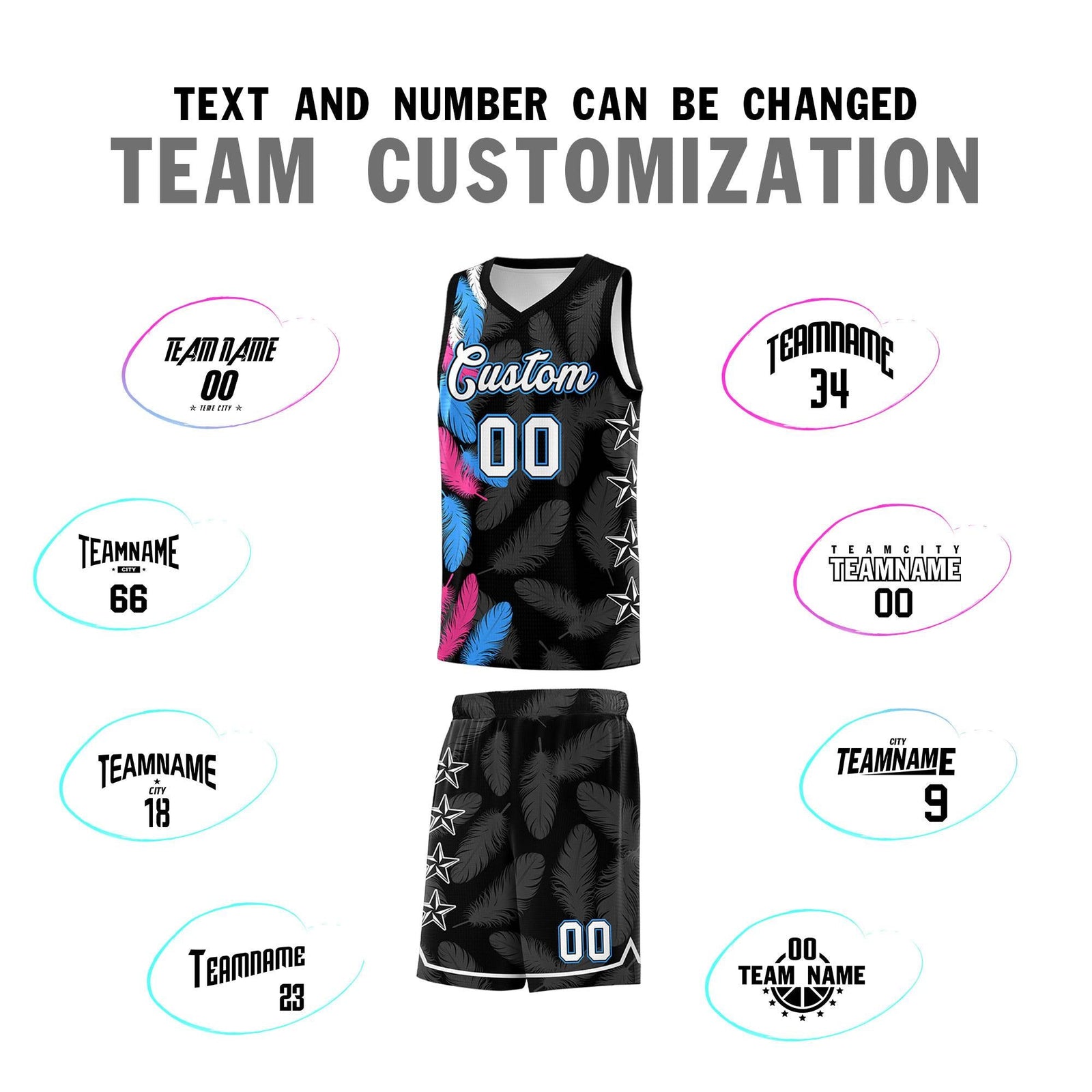Custom Youth Basketball Jersey Black White Feather Series Sports Uniform