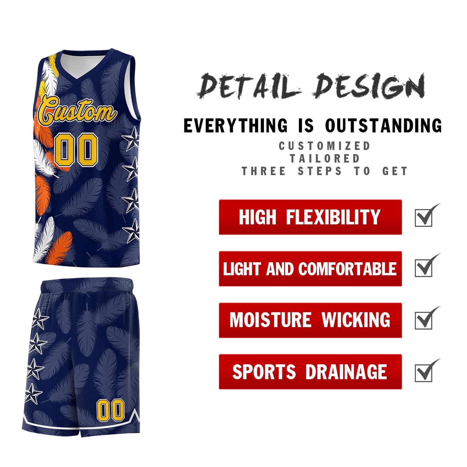 Custom Youth Basketball Jersey Navy Gold Feather Series Sports Uniform
