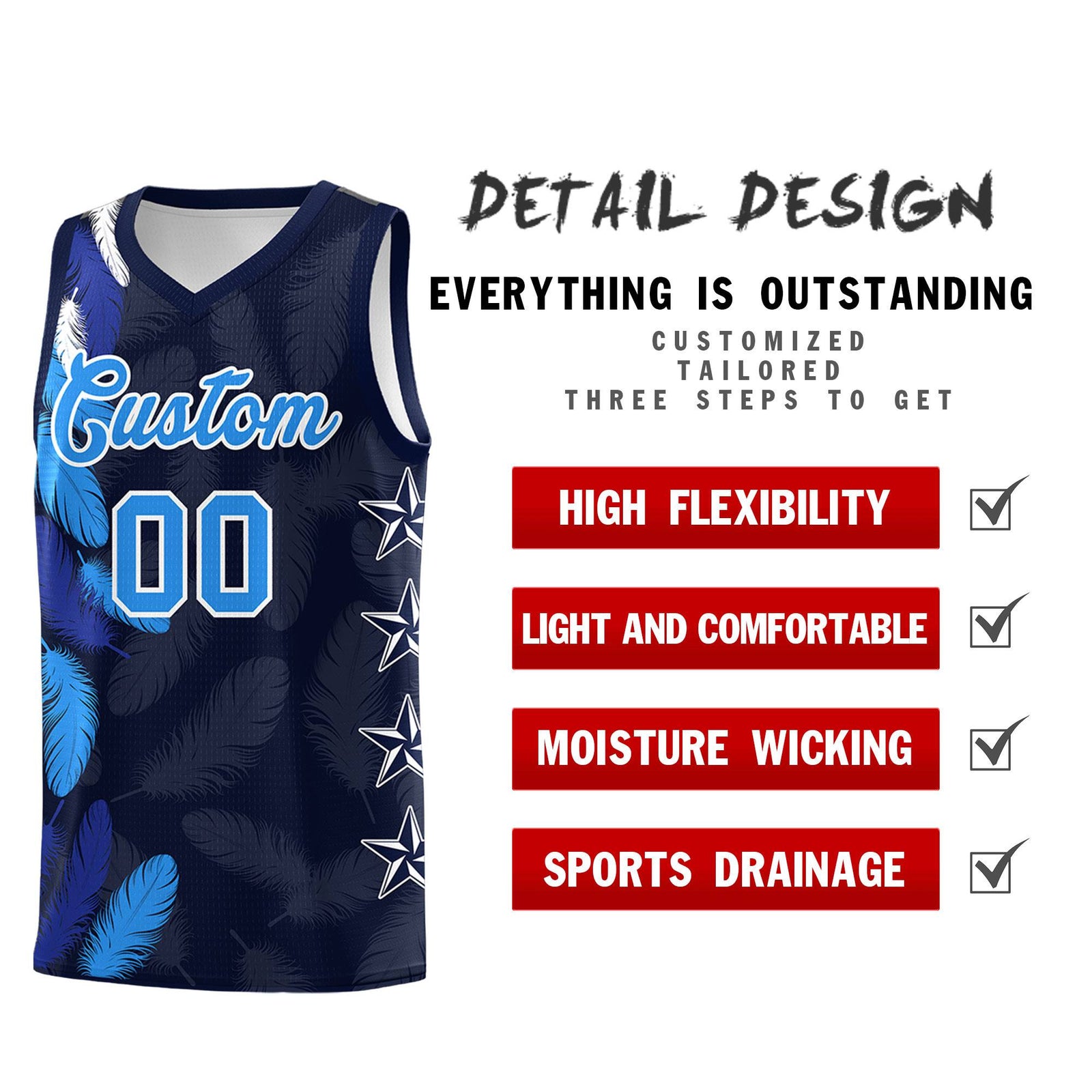 Custom Youth Basketball Jersey Navy Powder Blue Feather Series Sports Uniform