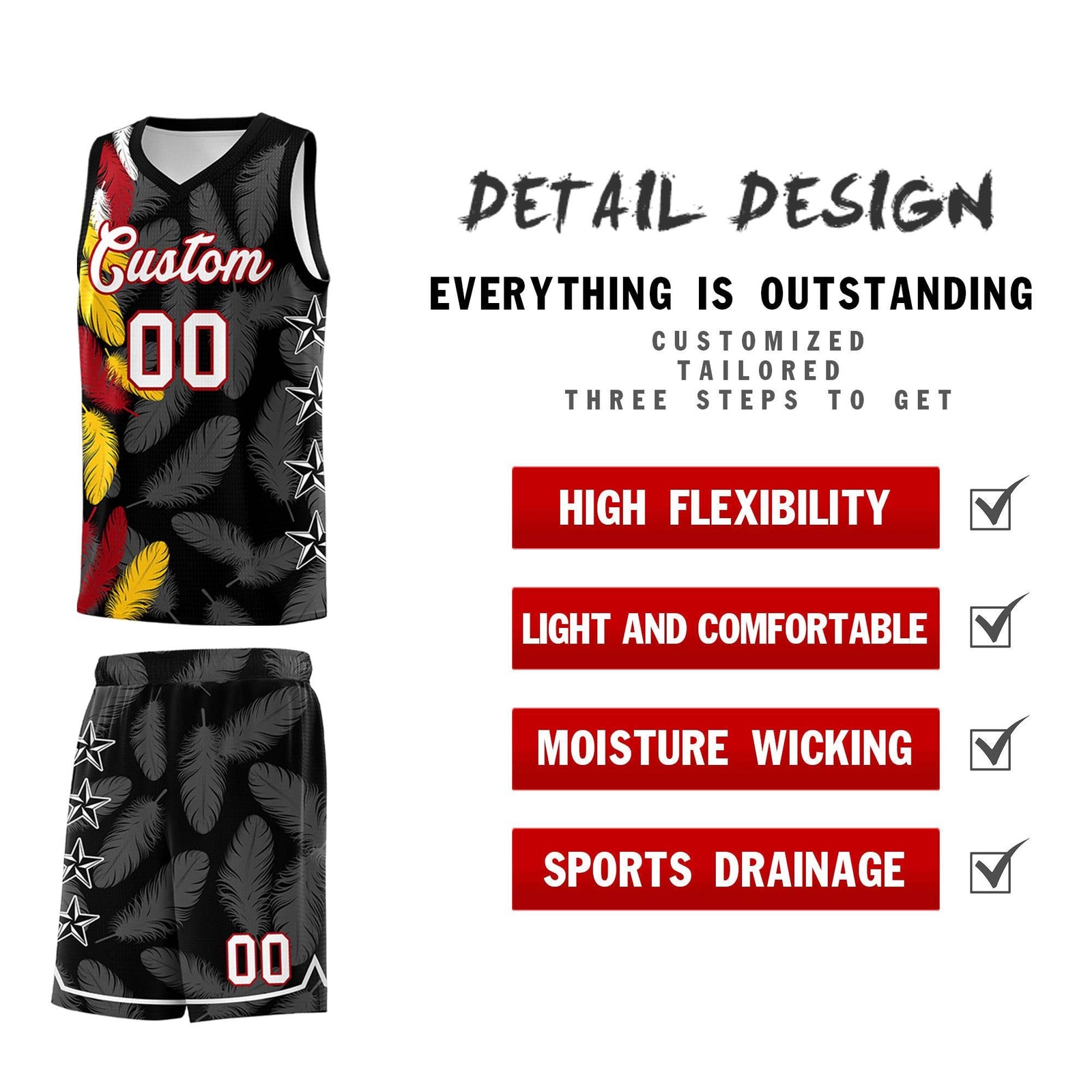 Custom Youth Basketball Jersey Black White Feather Series Sports Uniform