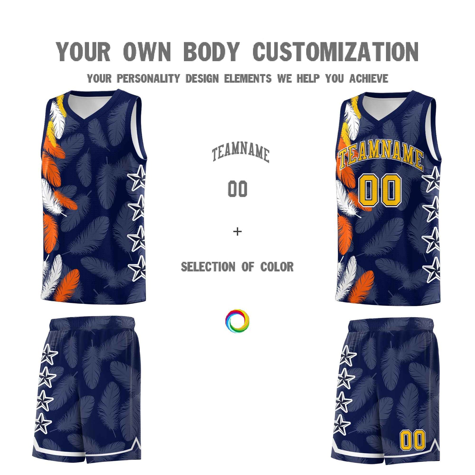 Custom Youth Basketball Jersey Navy Gold Feather Series Sports Uniform