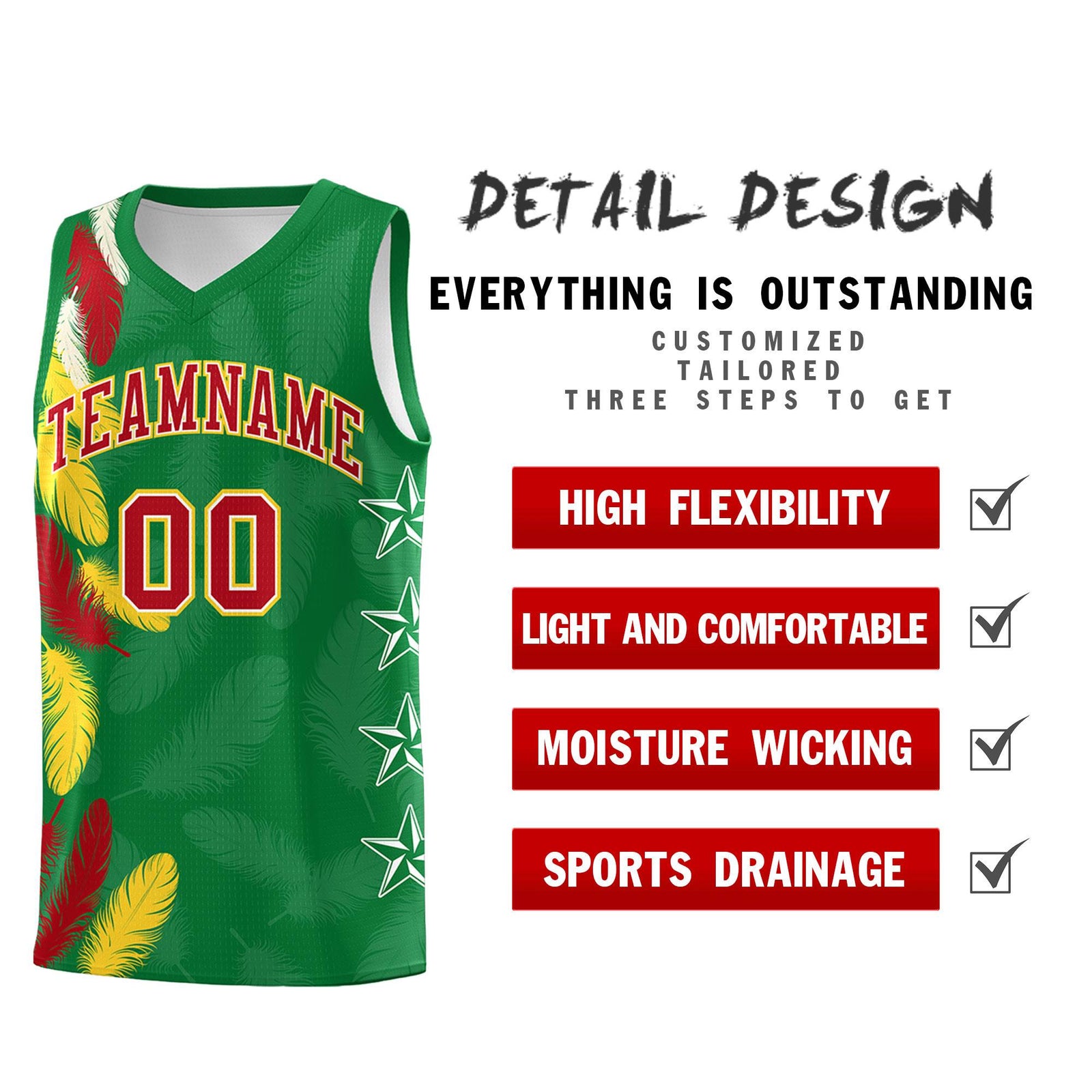 Custom Youth Basketball Jersey Kelly Green Red Feather Series Sports Uniform