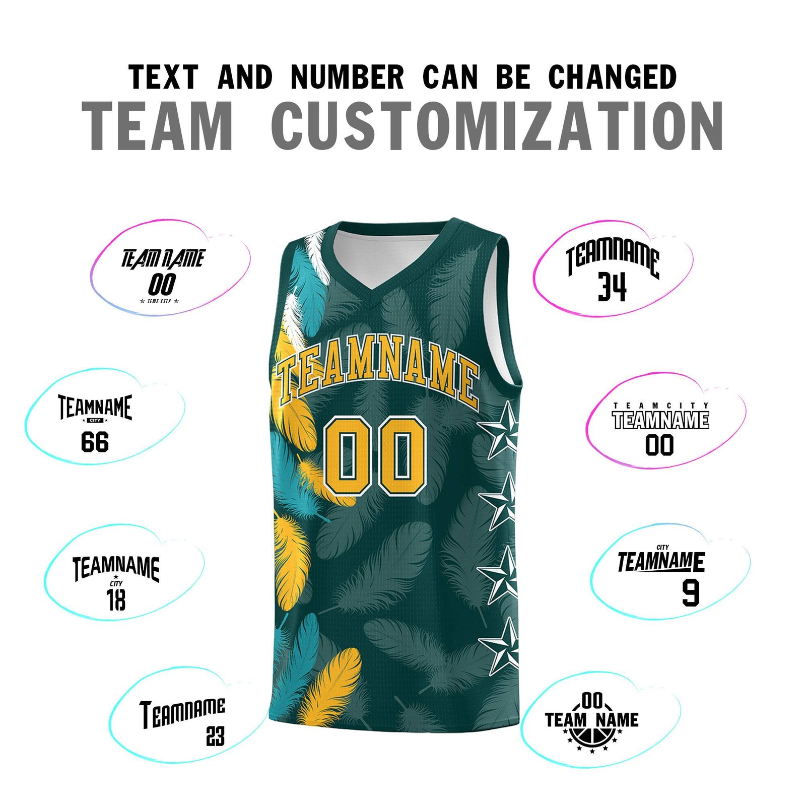 Custom Youth Basketball Jersey Midnight Green Gold Feather Series Sports Uniform