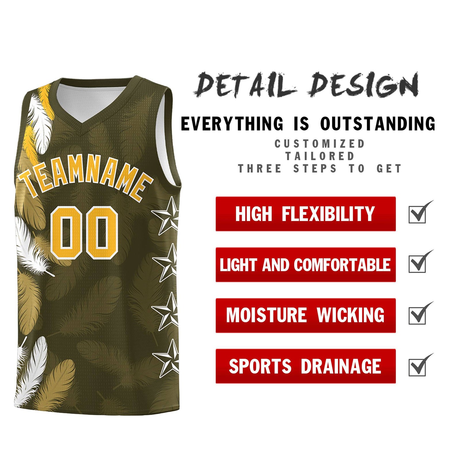 Custom Youth Basketball Jersey Olive Gold Feather Series Sports Uniform