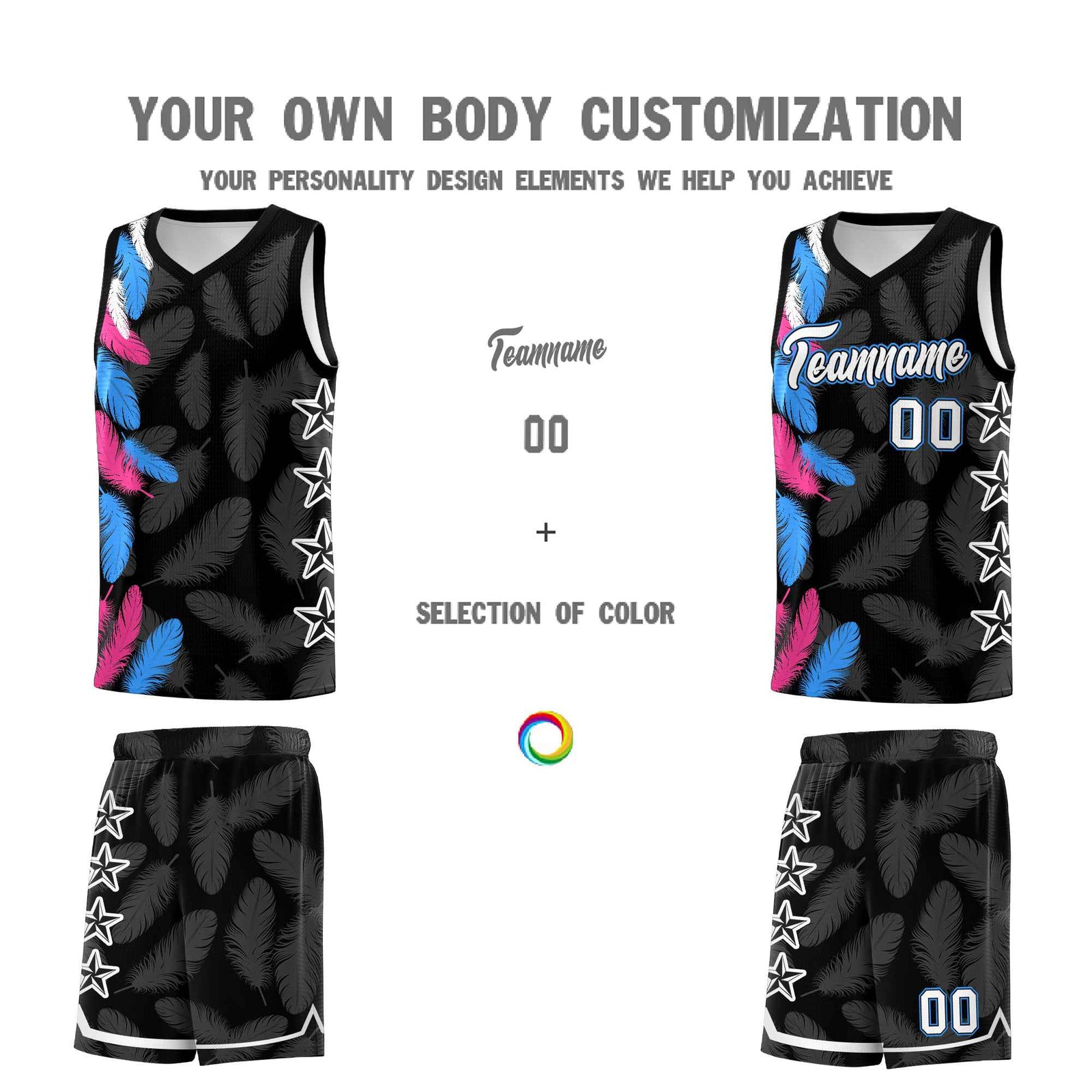 Custom Youth Basketball Jersey Black White Feather Series Sports Uniform