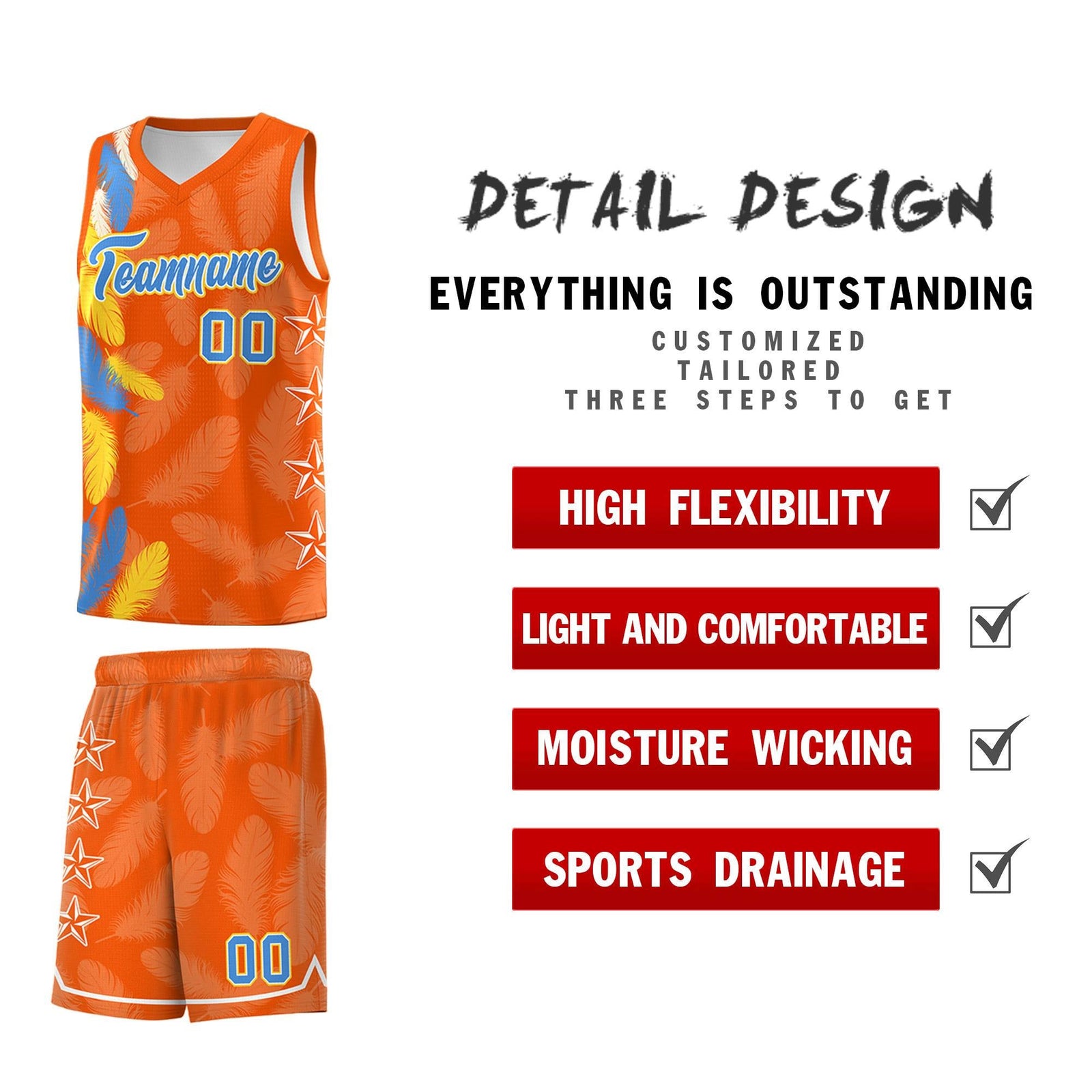 Custom Youth Basketball Jersey Orange Powder Blue Feather Series Sports Uniform