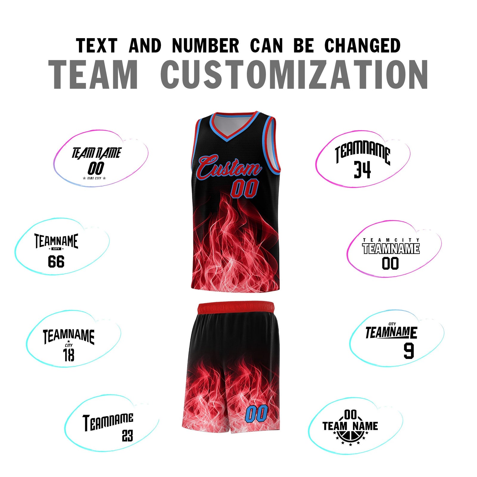 Custom Youth Basketball Jersey Black Red Flame Design Unique Team Uniform Set