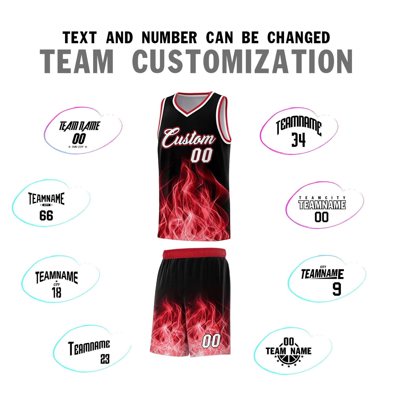 Custom Youth Basketball Jersey Black Red Flame Design Personalized Team Uniform Set