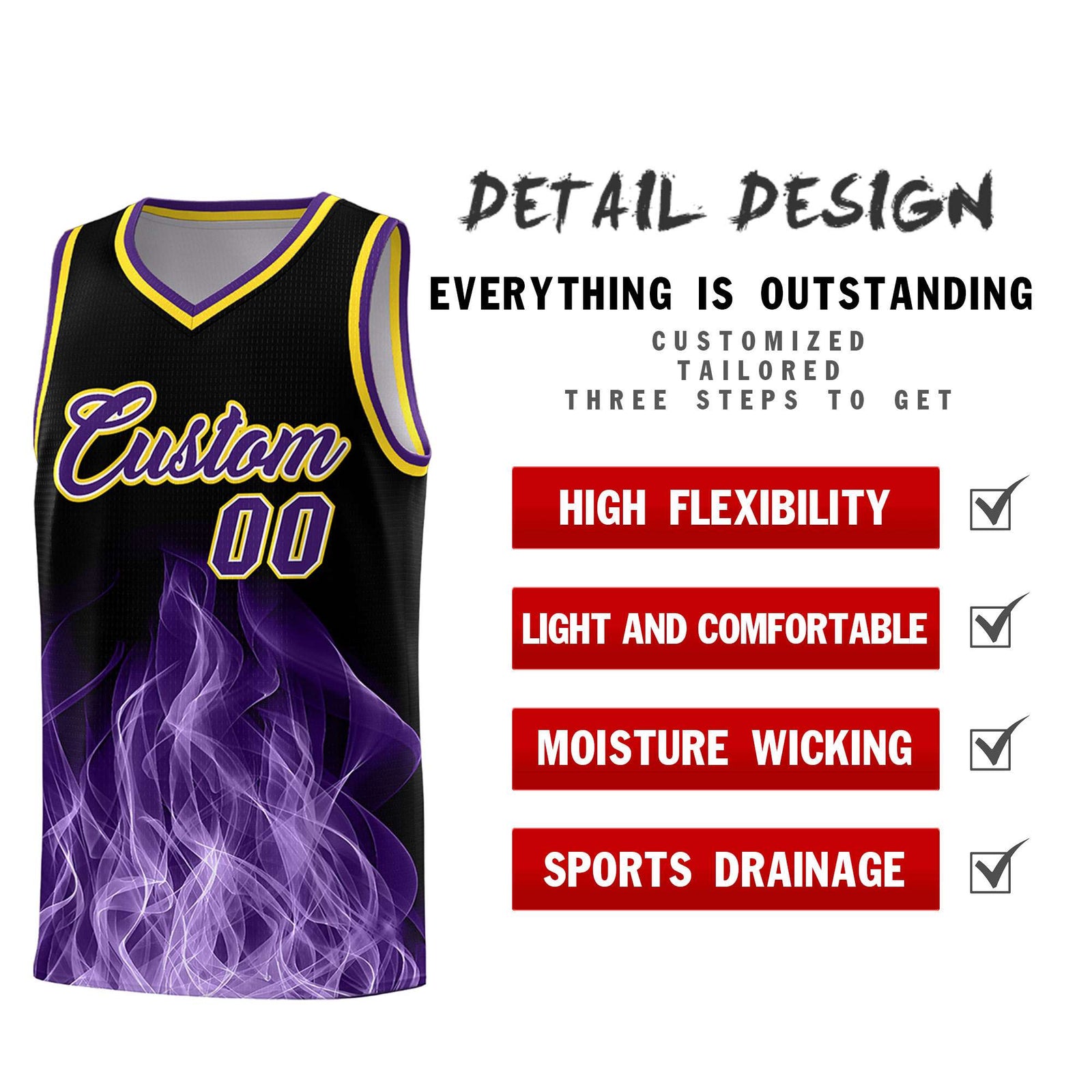 Custom Youth Basketball Jersey Black Gold Flame Design Personalized Team Uniform Set
