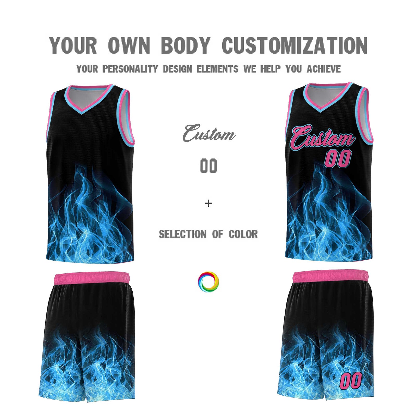 Custom Youth Basketball Jersey Black Pink Flame Design Personalized Team Uniform Set