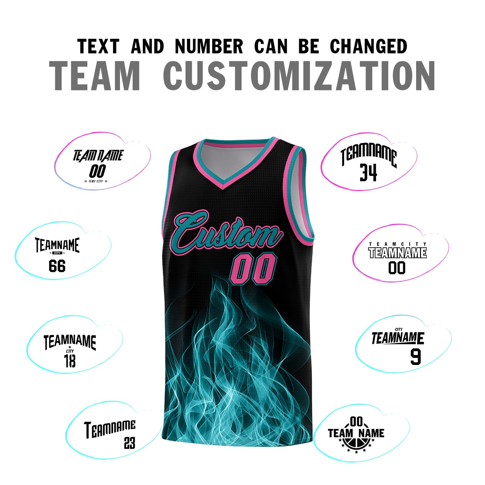 Custom Youth Basketball Jersey Black Teal Flame Fire Design Personalized Team Uniform Set