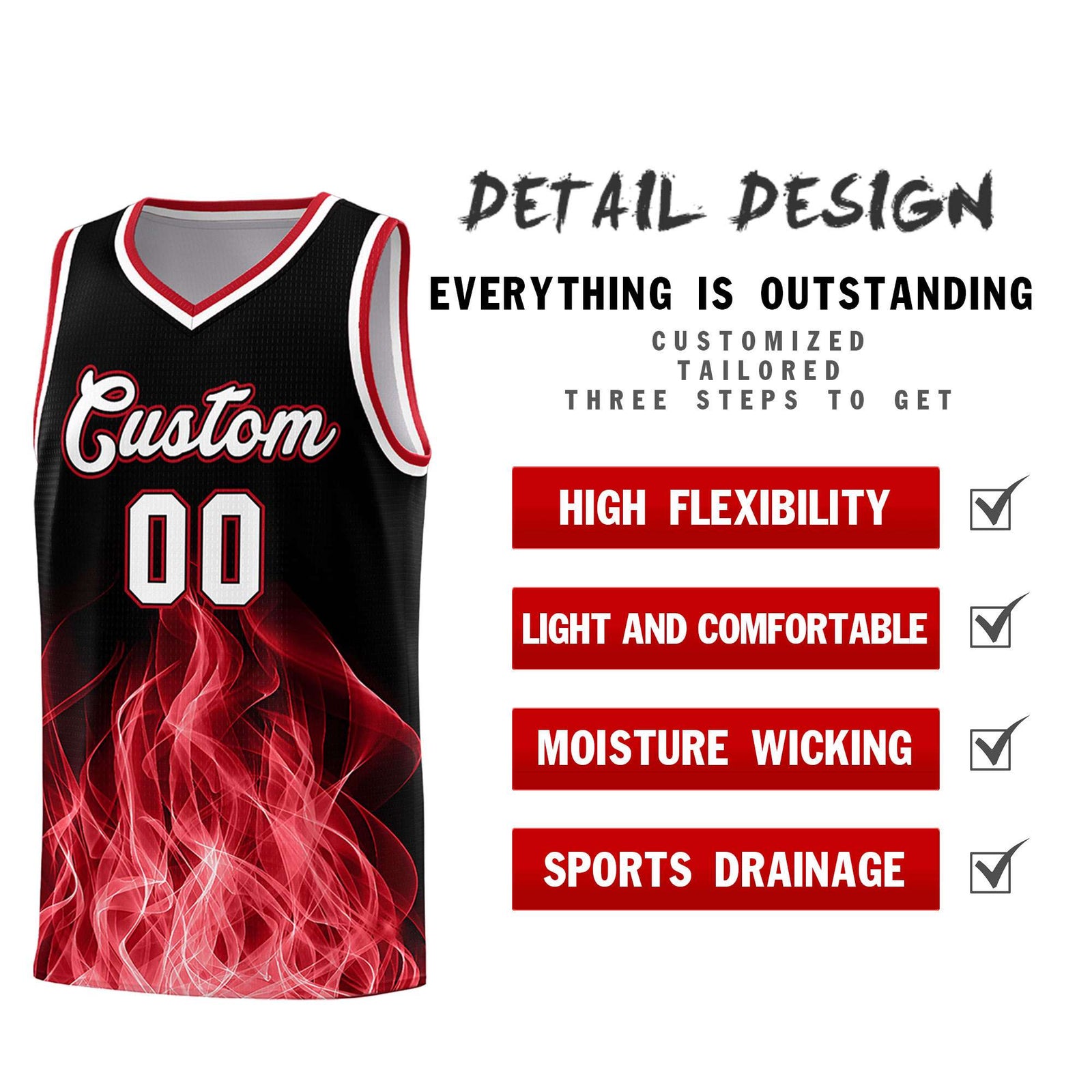 Custom Youth Basketball Jersey Black Red Flame Design Personalized Team Uniform Set