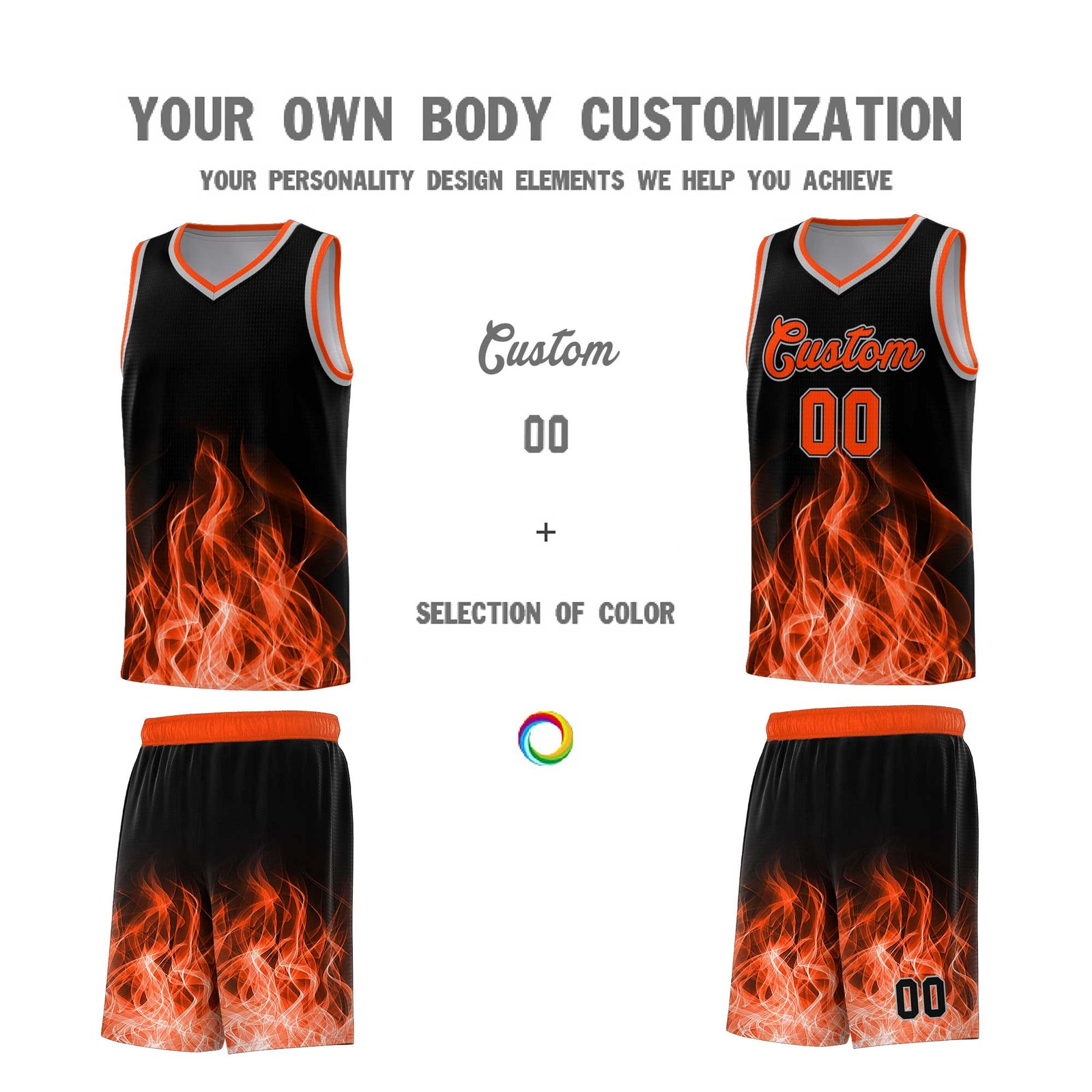 Custom Youth Basketball Jersey Black Orange Flame Design Unique Team Uniform Set