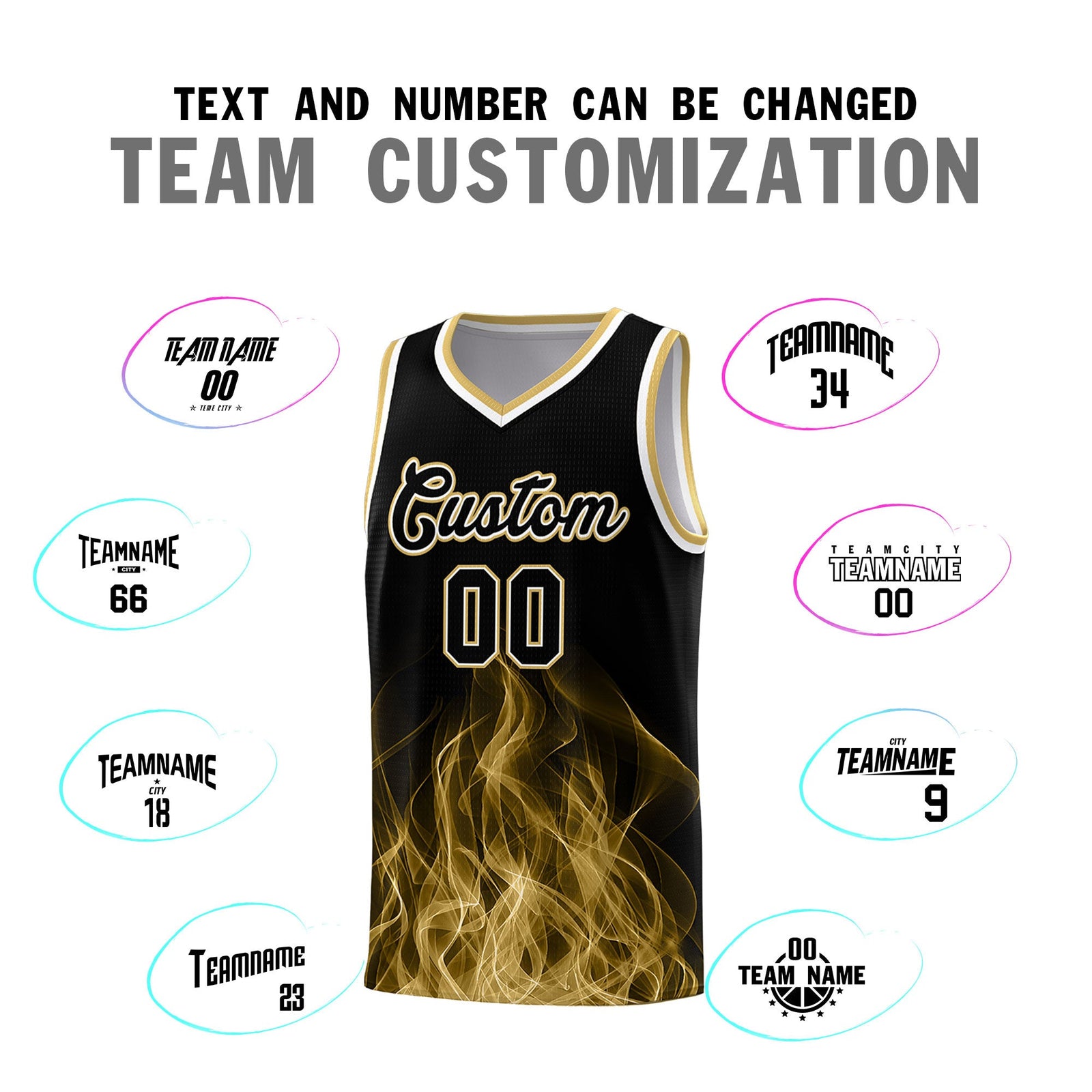 Custom Youth Basketball Jersey Black Old Gold Flame Fire Design Personalized Team Uniform Set