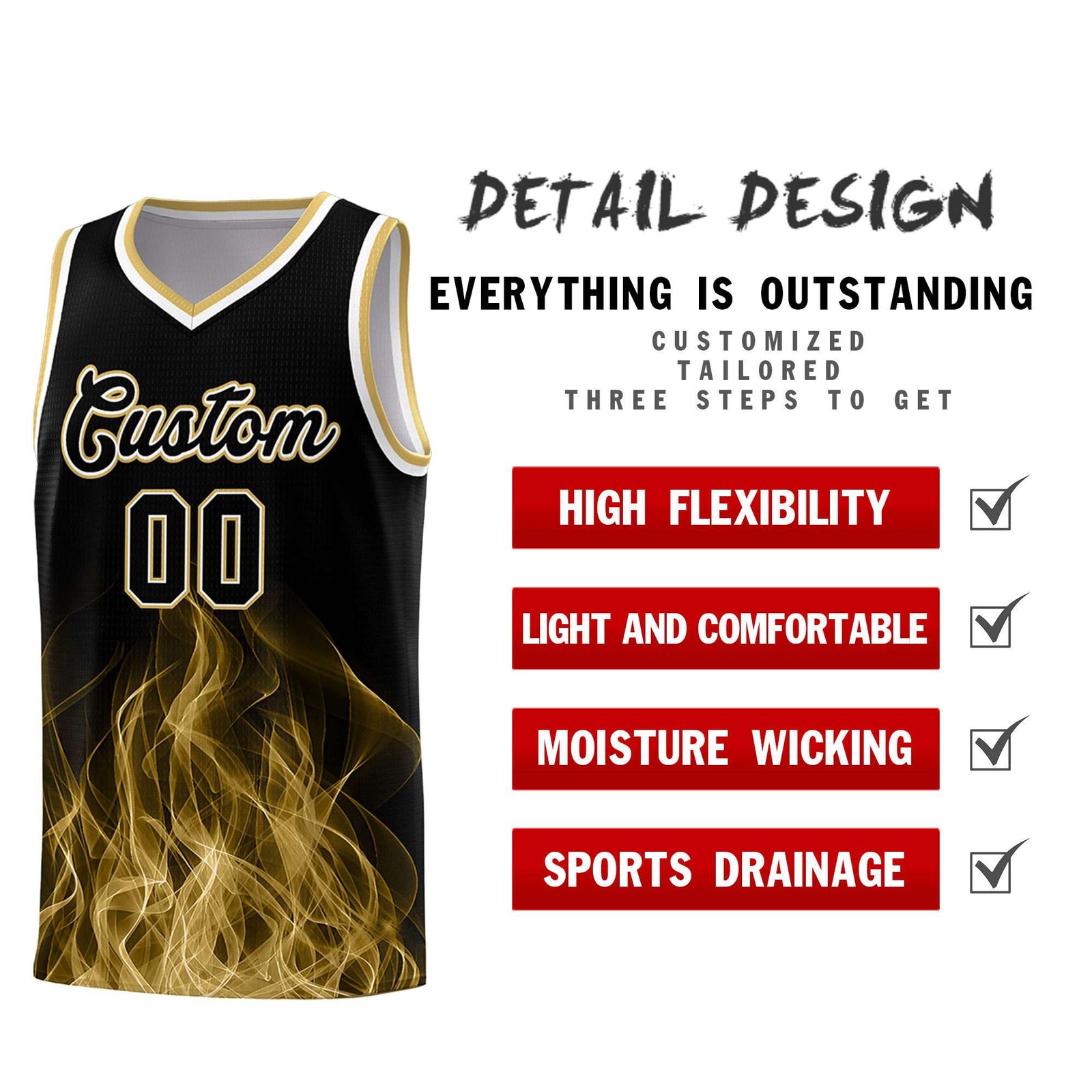 Custom Youth Basketball Jersey Black Old Gold Flame Fire Design Personalized Team Uniform Set