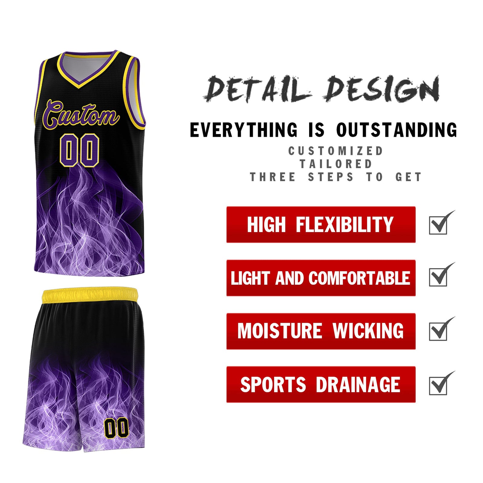 Custom Youth Basketball Jersey Black Gold Flame Design Personalized Team Uniform Set