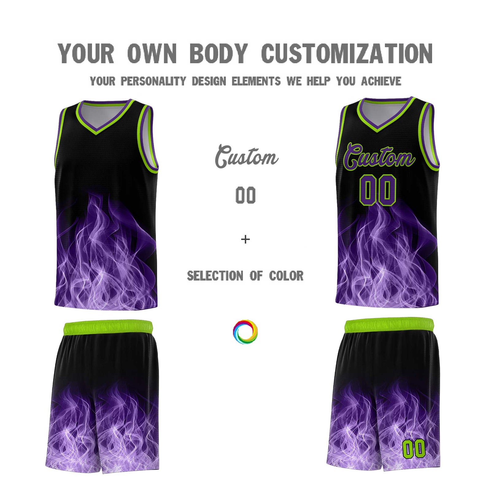 Custom Youth Basketball Jersey Black Neon Green Flame Fire Design Personalized Team Uniform Set