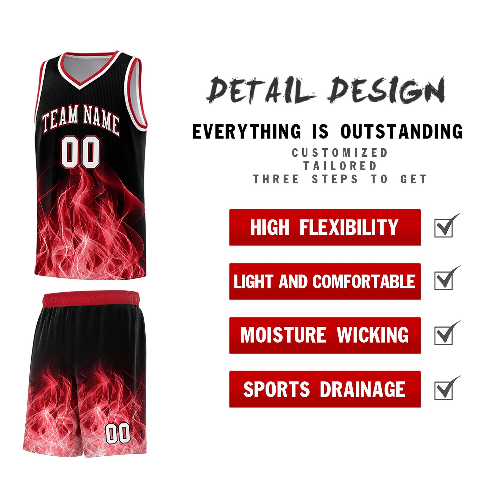 Custom Youth Basketball Jersey Black Red Flame Design Personalized Team Uniform Set