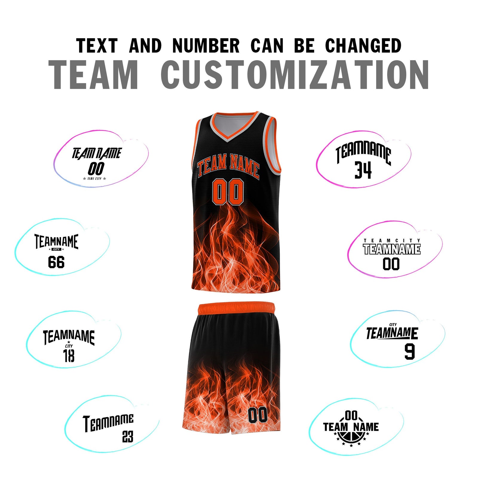 Custom Youth Basketball Jersey Black Orange Flame Design Unique Team Uniform Set