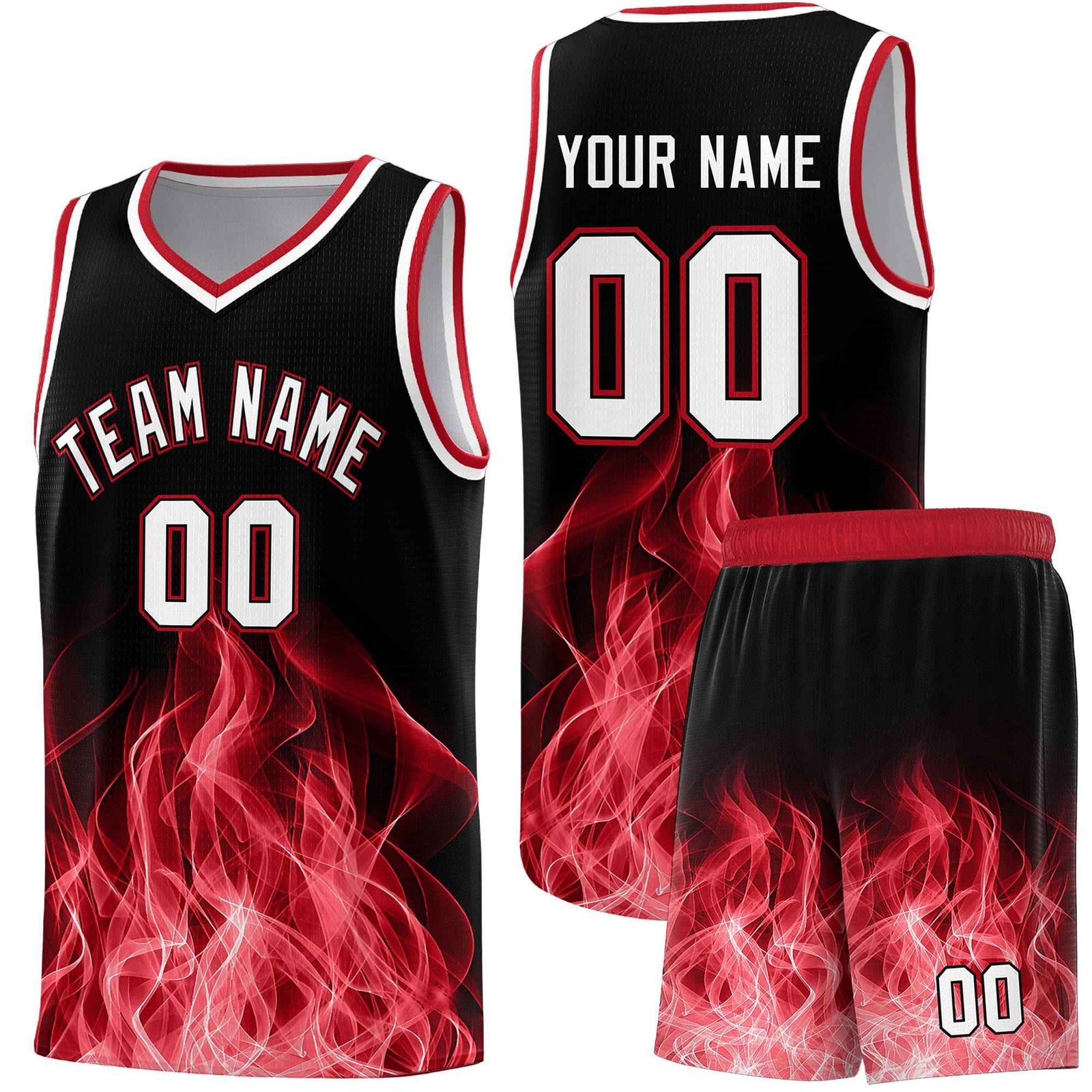 Custom Youth Basketball Jersey Black Red Flame Design Personalized Team Uniform Set