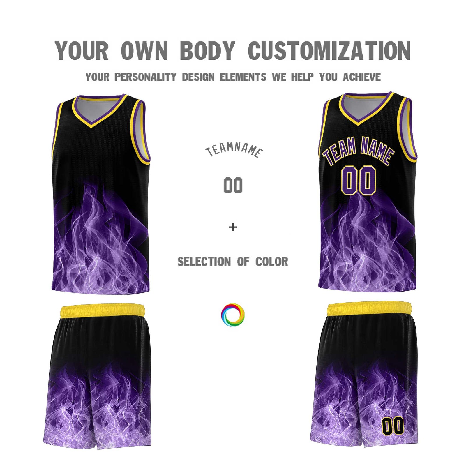 Custom Youth Basketball Jersey Black Gold Flame Design Personalized Team Uniform Set