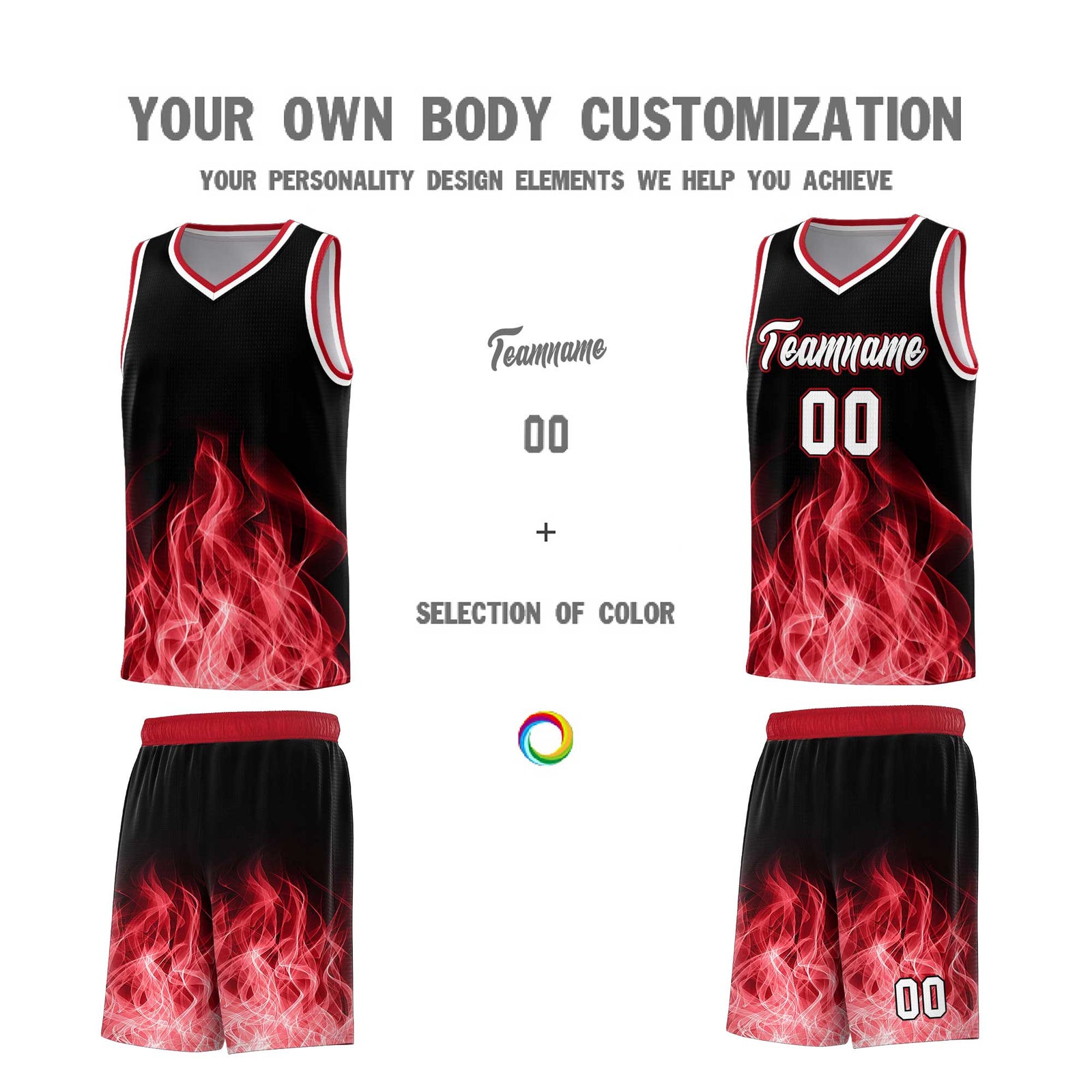 Custom Youth Basketball Jersey Black Red Flame Design Personalized Team Uniform Set