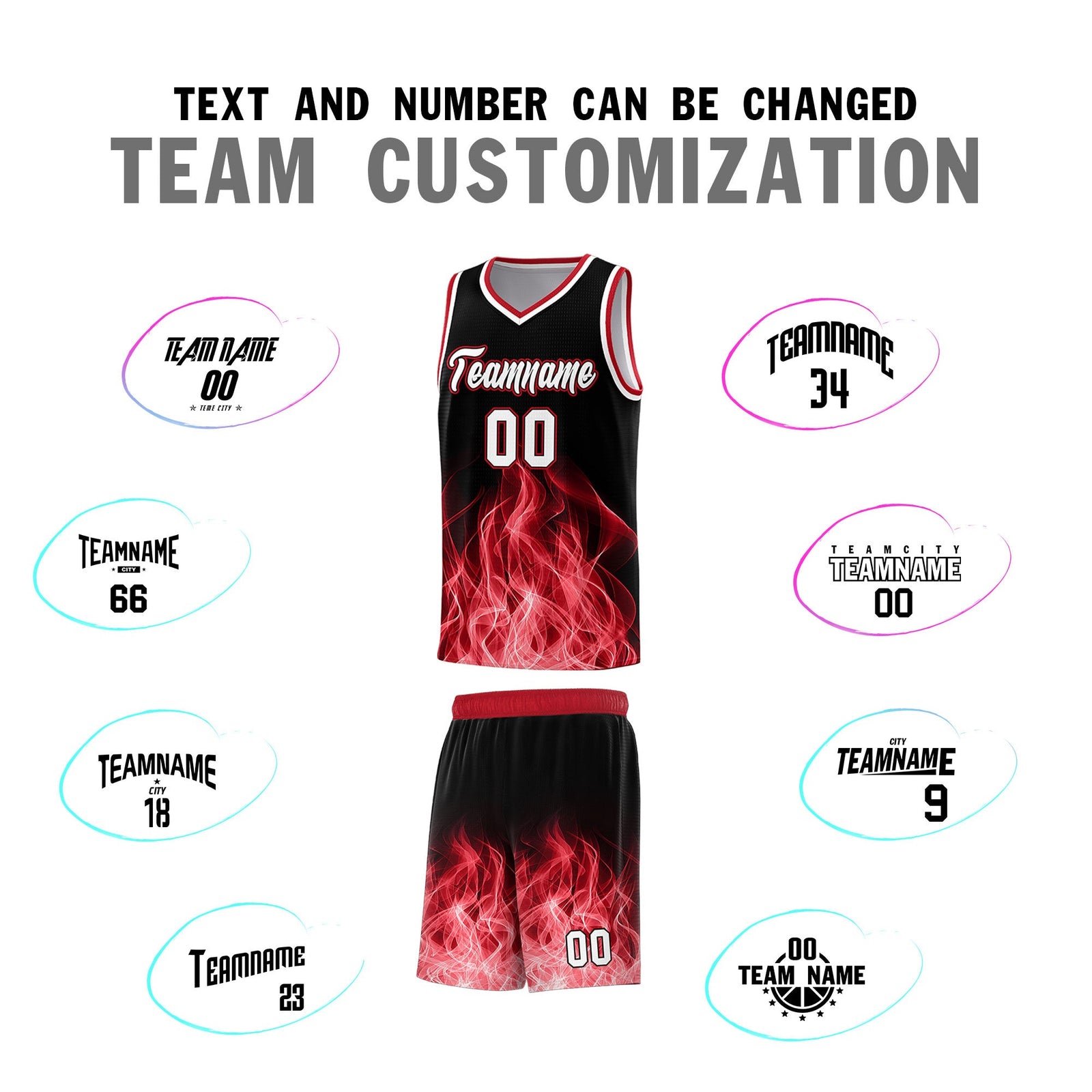 Custom Youth Basketball Jersey Black Red Flame Design Personalized Team Uniform Set