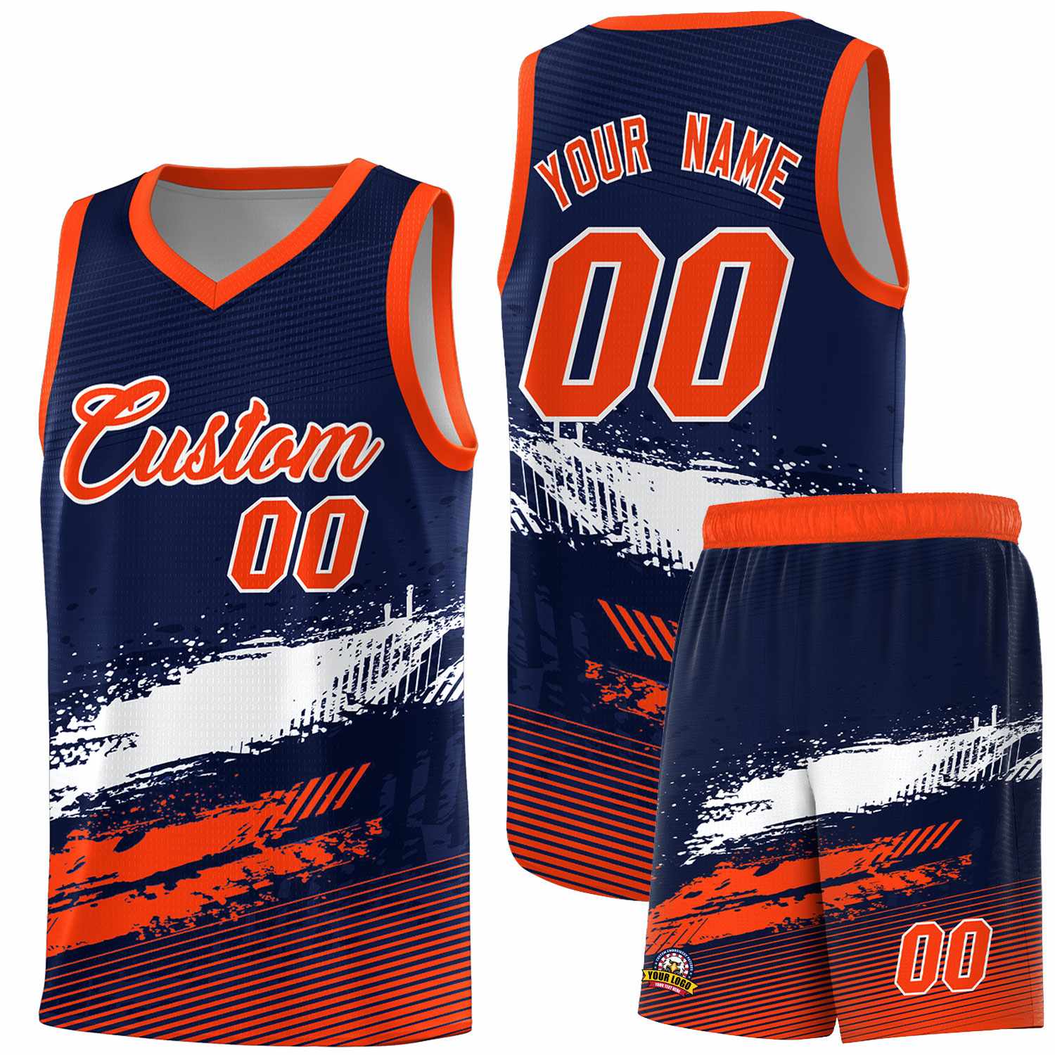 Custom Navy White and Orange Graffiti Pattern Sports Uniform Basketball Jersey