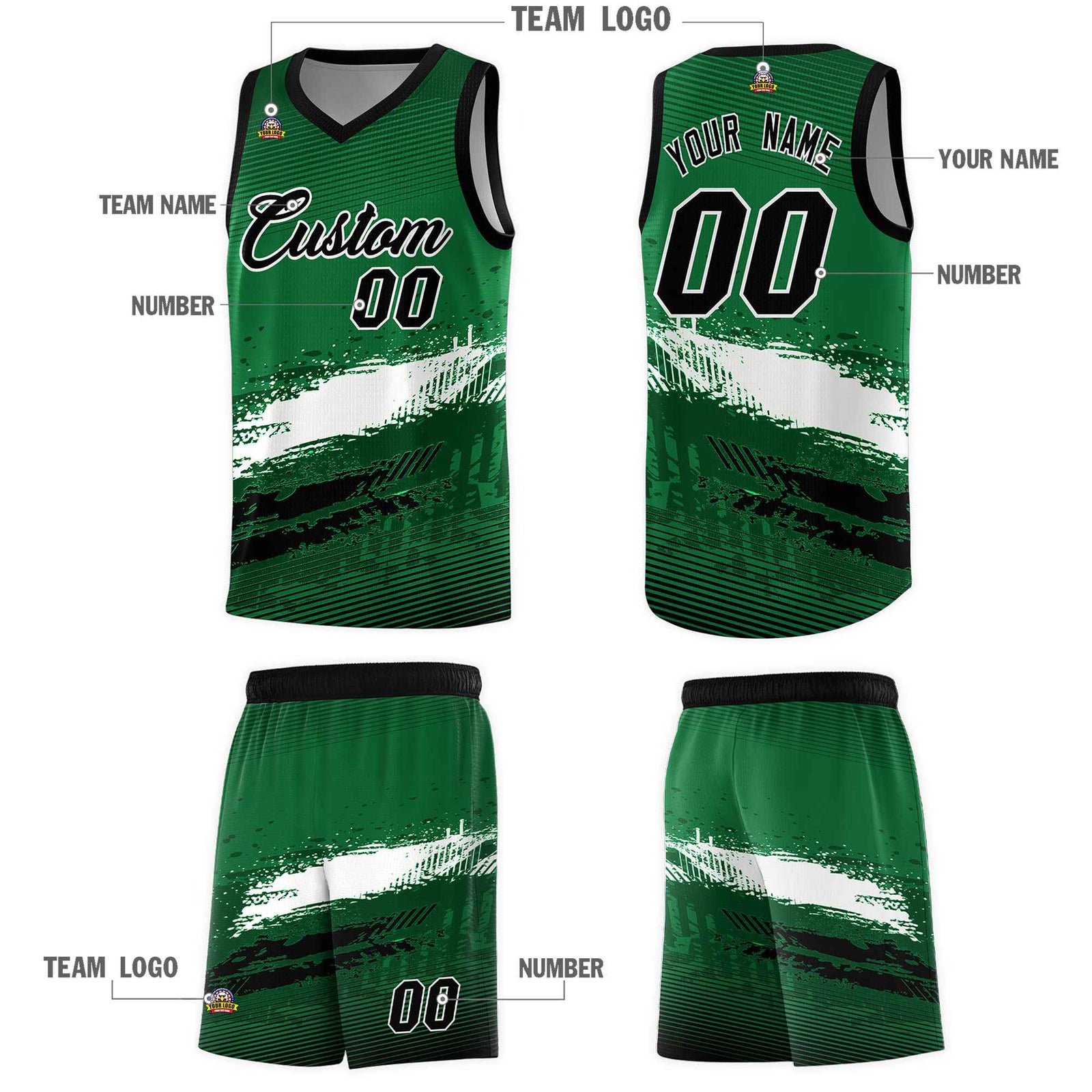 Custom Kelly Green White and Black Graffiti Pattern Sports Uniform Basketball Jersey