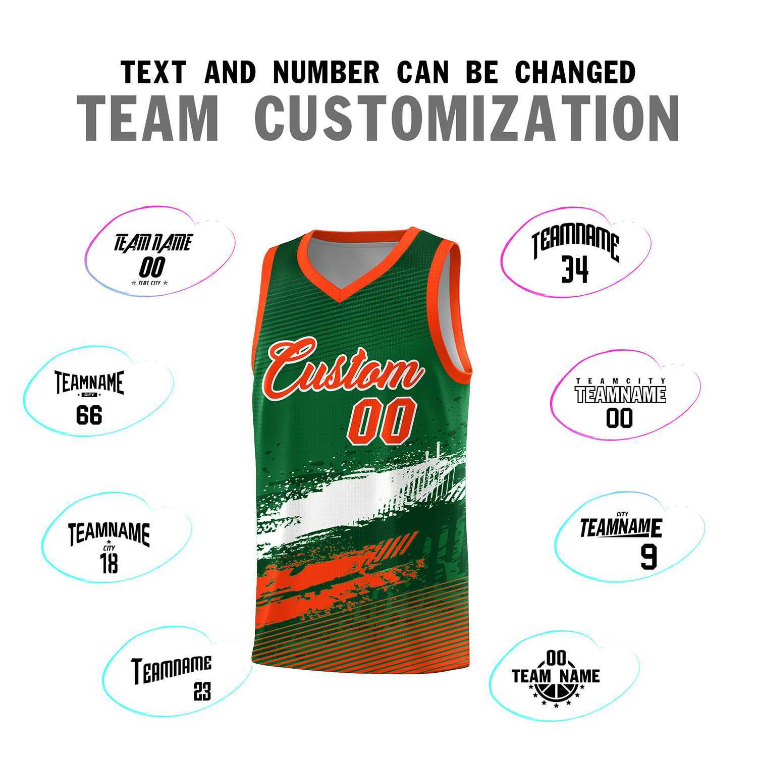 Custom Kelly Green White and Orange Graffiti Pattern Sports Uniform Basketball Jersey