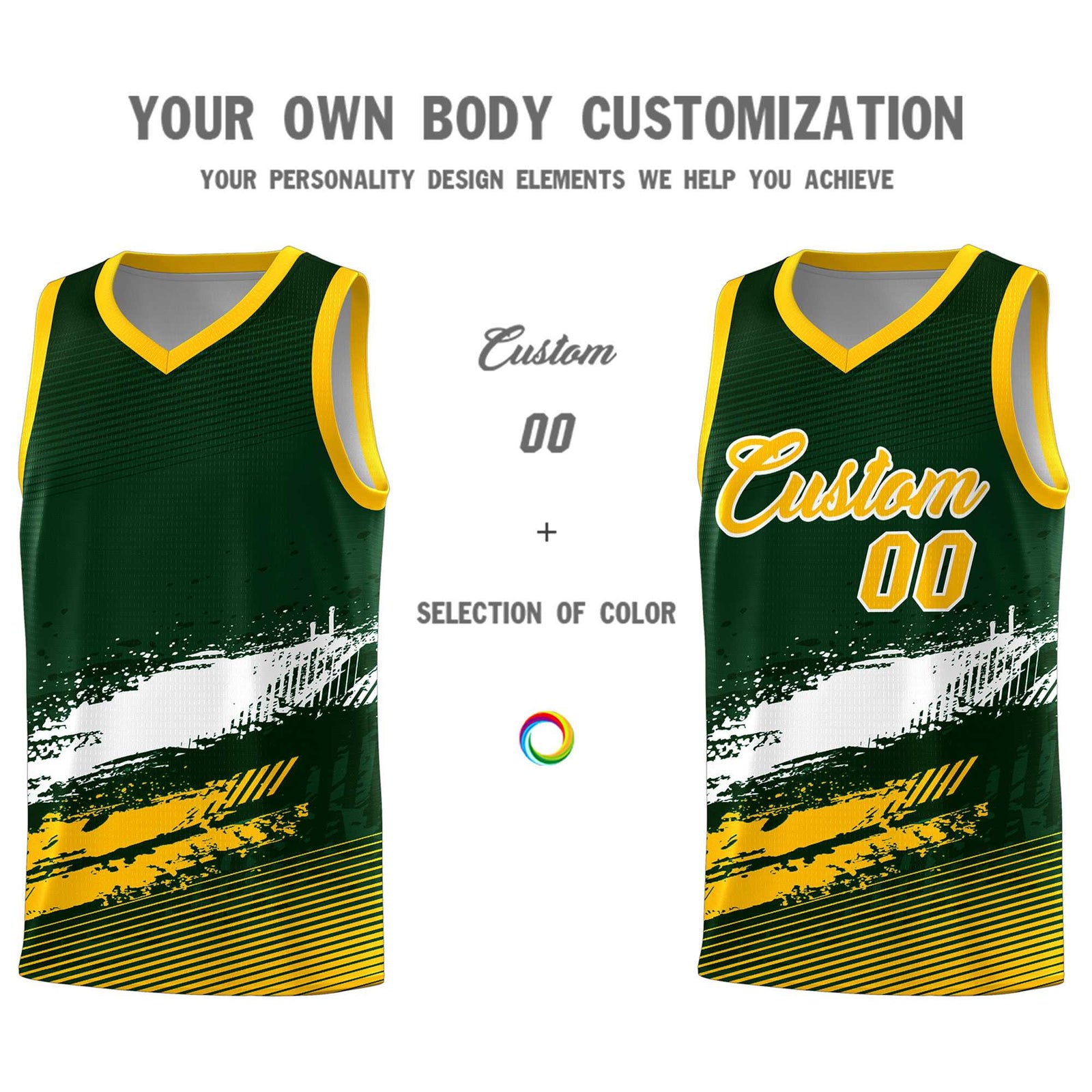 Custom Green White and Yellow Graffiti Pattern Sports Uniform Basketball Jersey