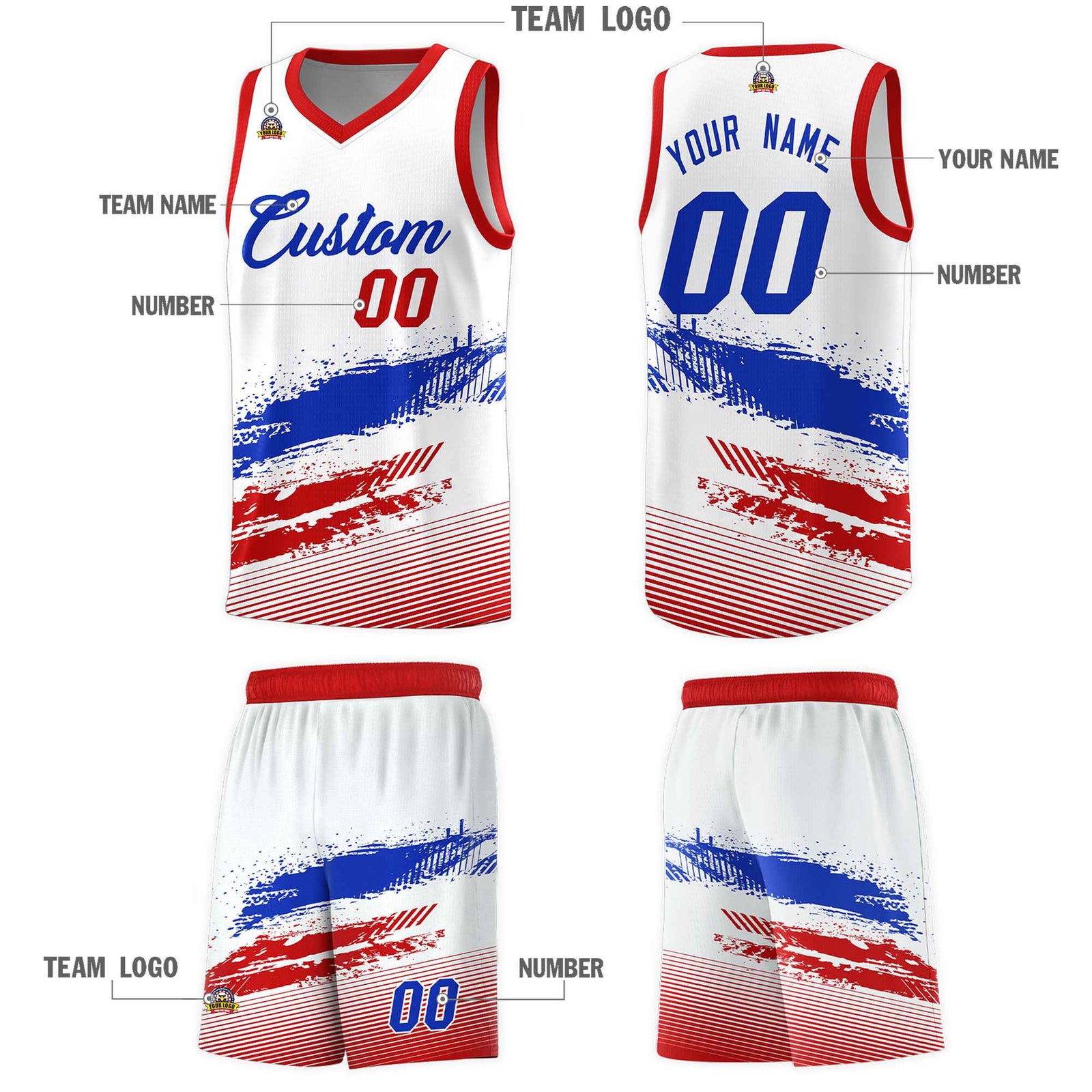 Custom White Royal and Red Graffiti Pattern Sports Uniform Basketball Jersey