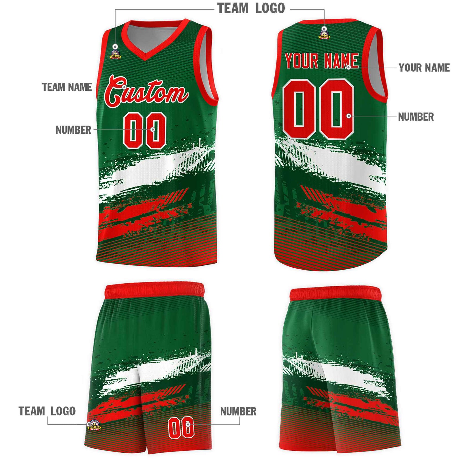 Custom Kelly Green White and Red Graffiti Pattern Sports Uniform Basketball Jersey