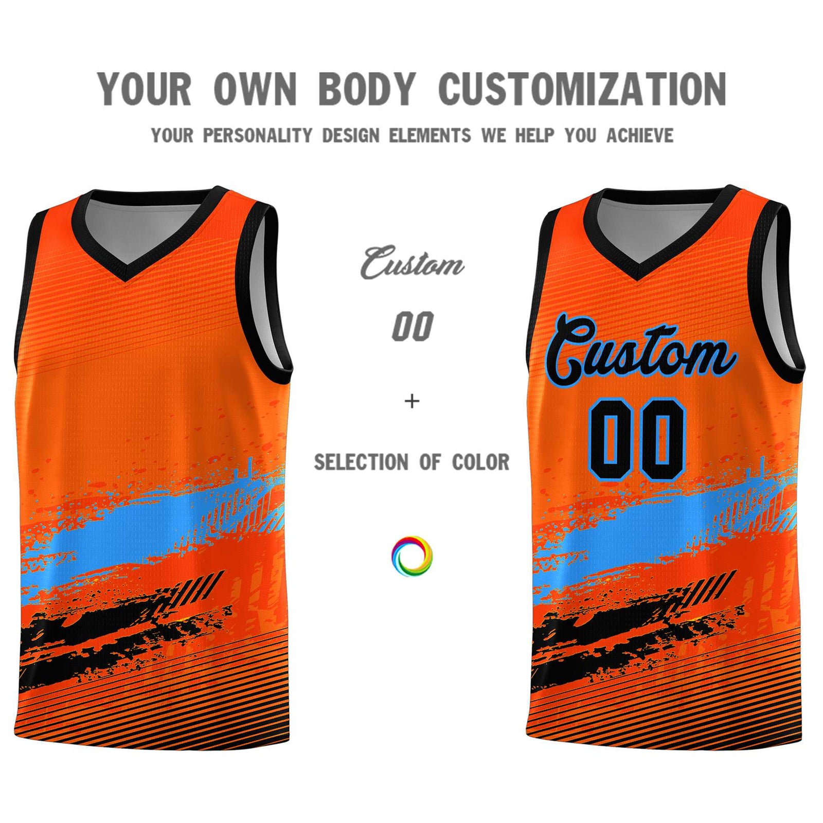 Custom Orange Powder Blue and Black Graffiti Pattern Sports Uniform Basketball Jersey