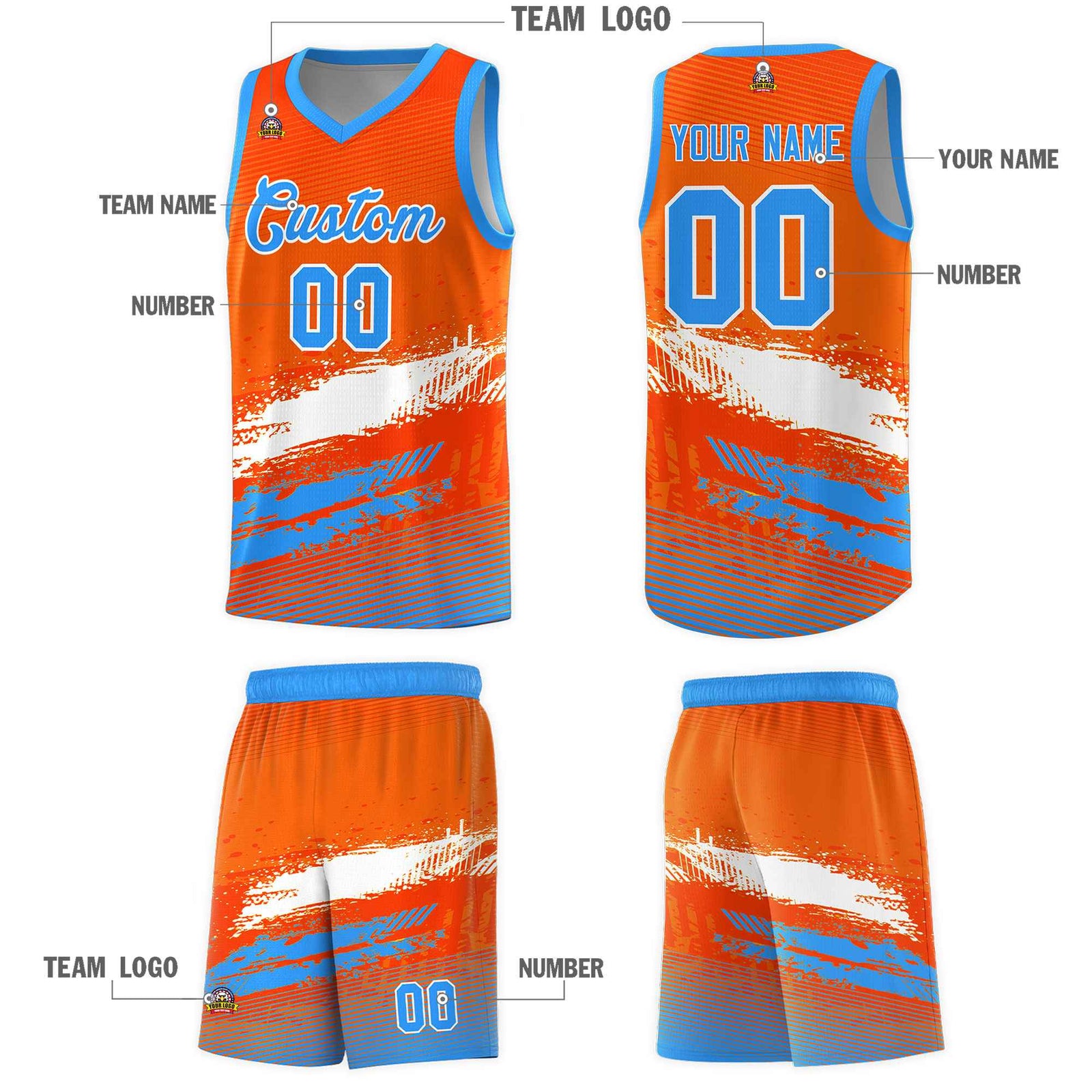 Custom Orange White and Powder Blue Graffiti Pattern Sports Uniform Basketball Jersey