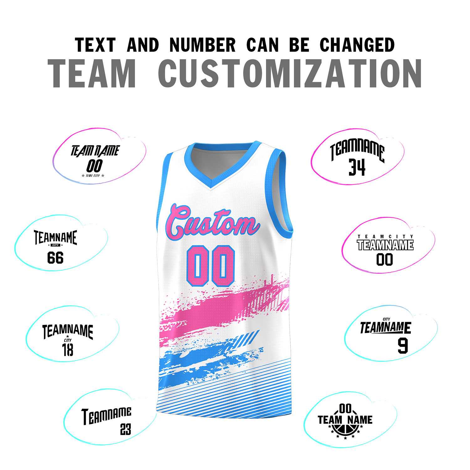 Custom White Pink and Powder Blue Graffiti Pattern Sports Uniform Basketball Jersey