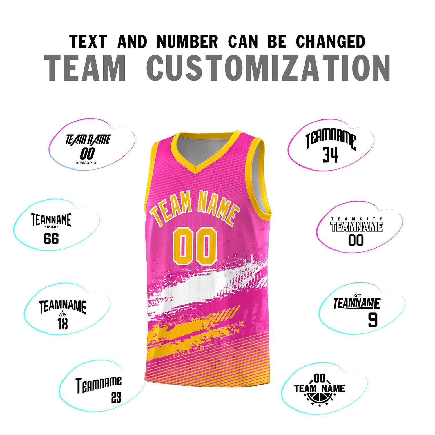 Custom Pink White and Yellow Graffiti Pattern Sports Uniform Basketball Jersey