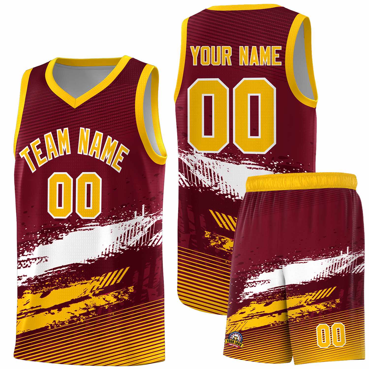 Custom Crimson White and Yellow Graffiti Pattern Sports Uniform Basketball Jersey