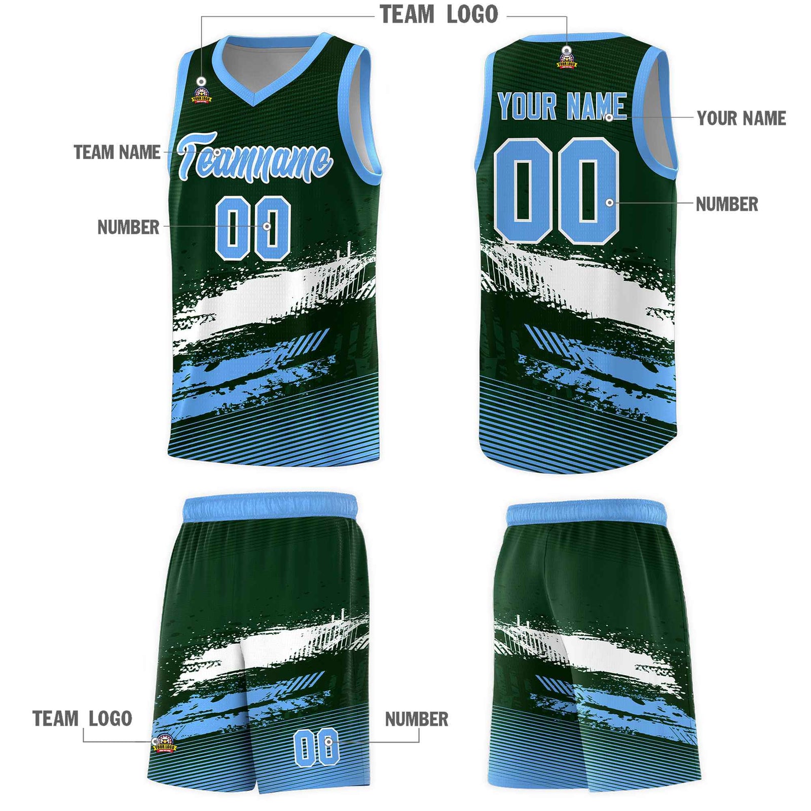 Custom Green White and Powder Blue Graffiti Pattern Sports Uniform Basketball Jersey
