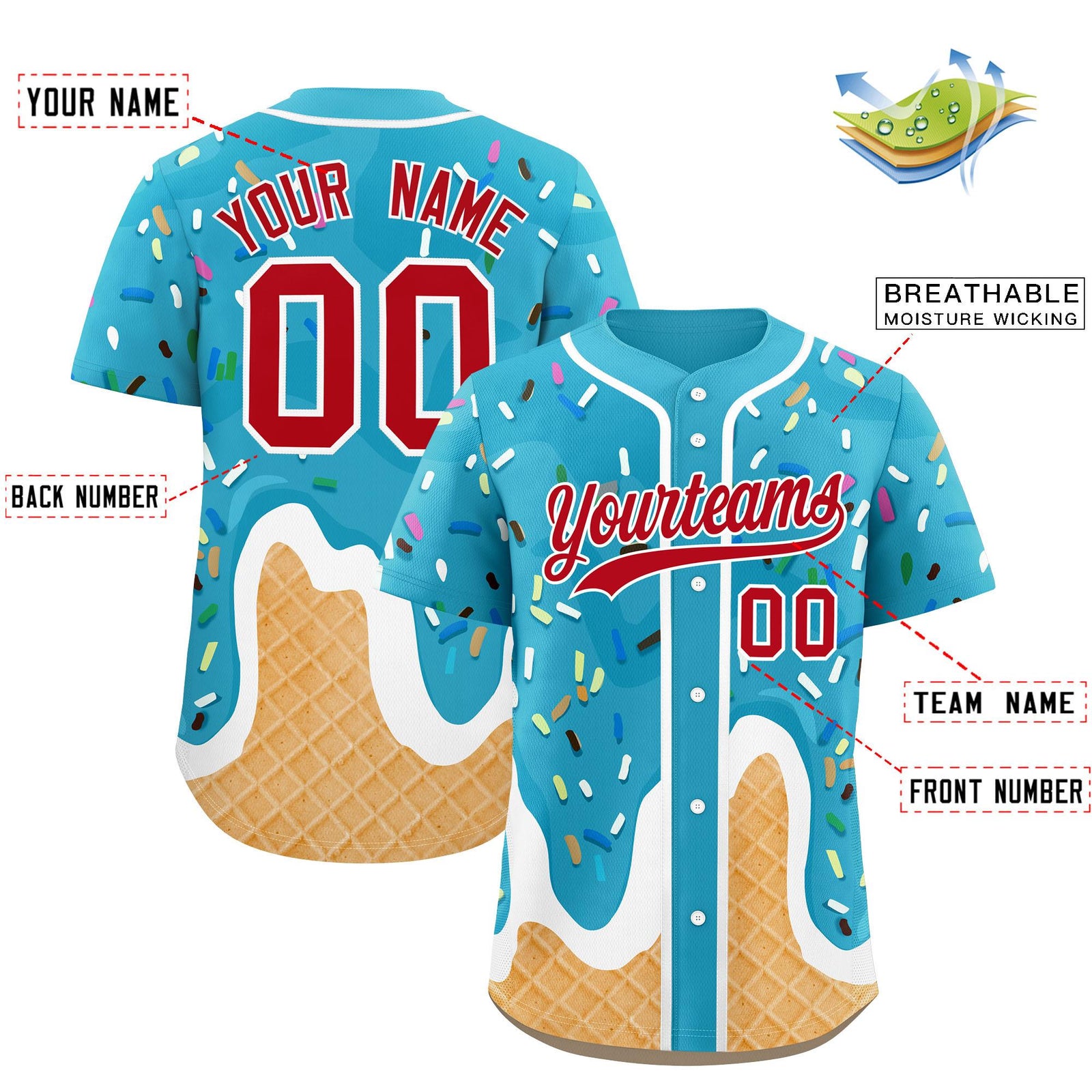 Custom Sky Blue Ice Cream Cone Graffiti Pattern Fashion Authentic Baseball Jersey