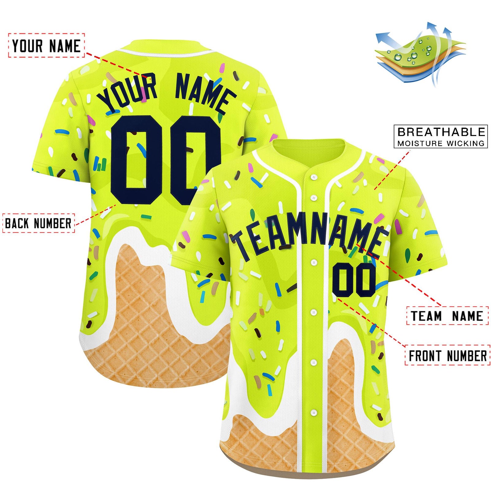 Custom Fluorescent Green Ice Cream Cone Graffiti Pattern Fashion Authentic Baseball Jersey