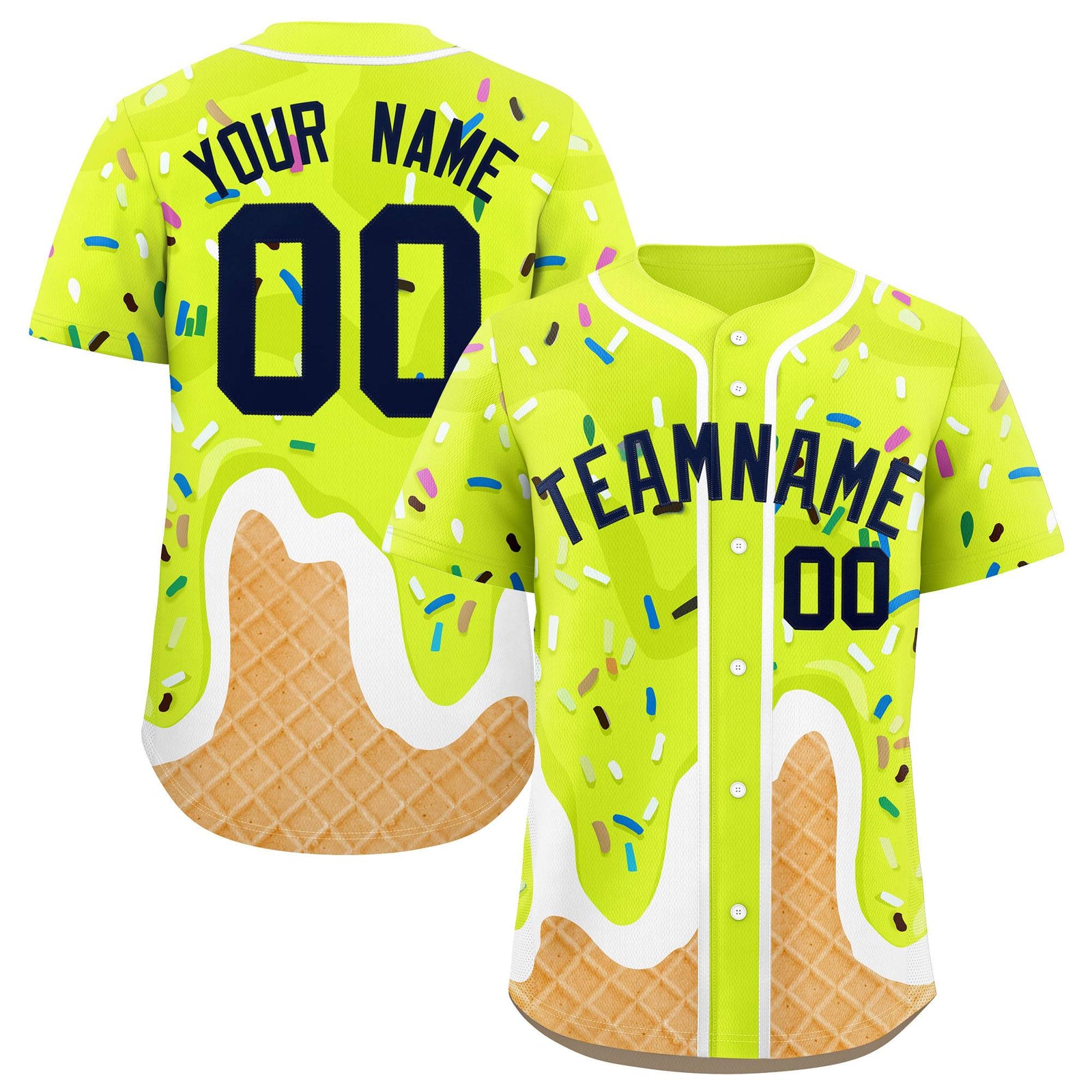 Custom Fluorescent Green Ice Cream Cone Graffiti Pattern Fashion Authentic Baseball Jersey
