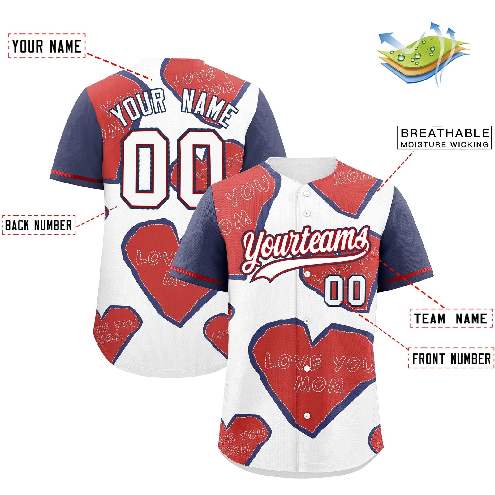 Custom White Red Midnight Blue Mother's Day Style Graffiti Pattern Stretch Fabric Baseball Jersey| KXKSHOP