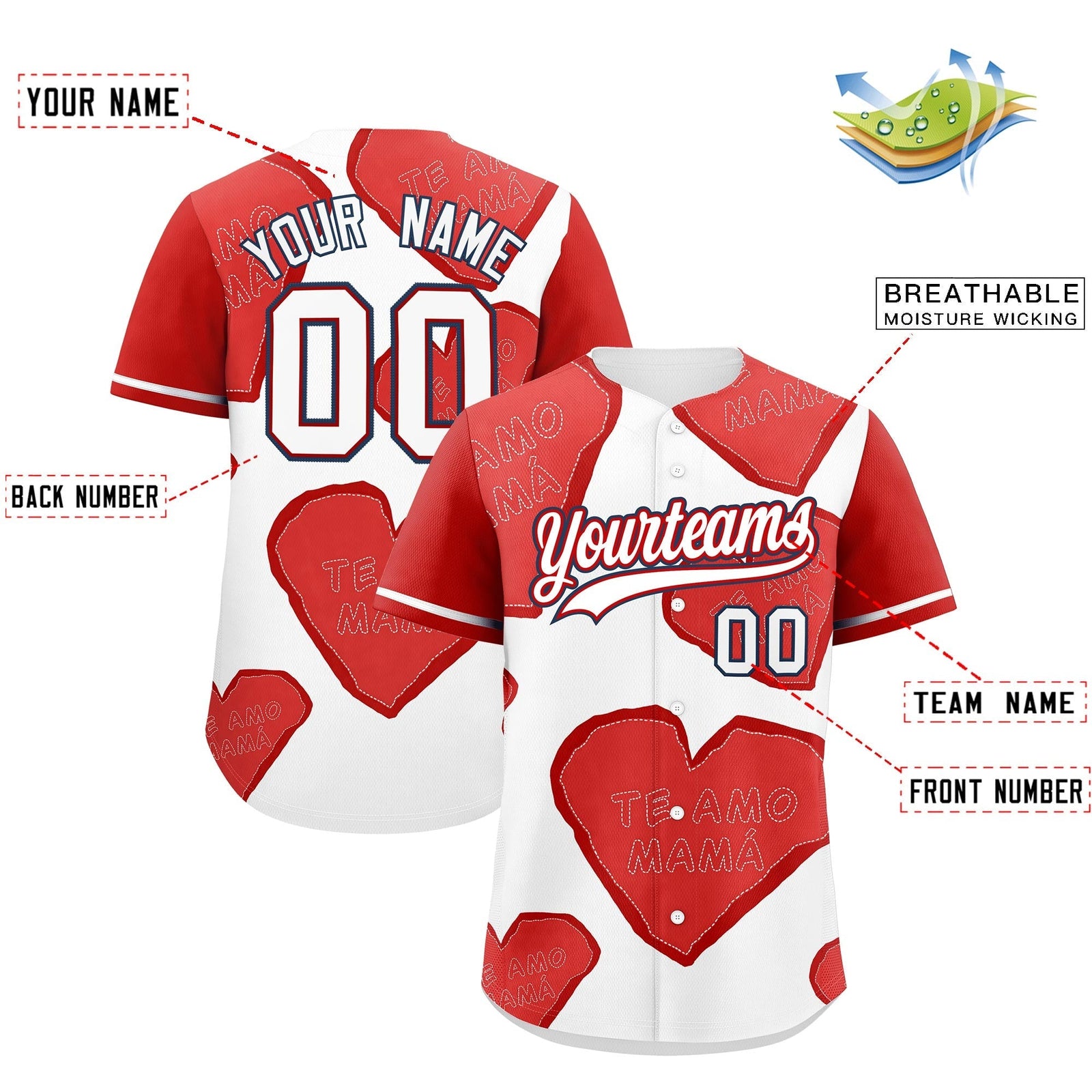 Custom White Red Mother's Day Style Graffiti Pattern Quick Dry Baseball Jersey| KXKSHOP