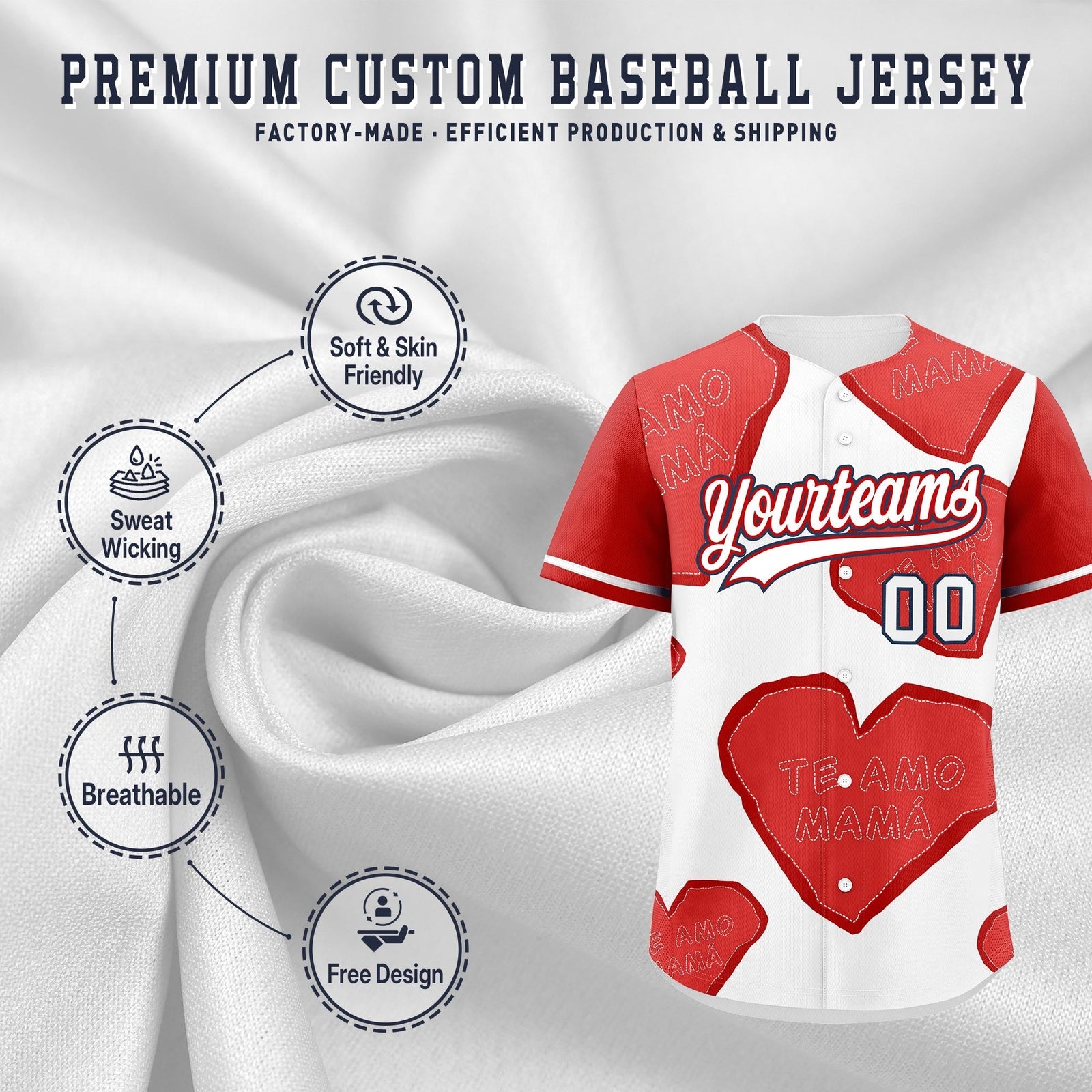 Custom White Red Mother's Day Style Graffiti Pattern Quick Dry Baseball Jersey| KXKSHOP