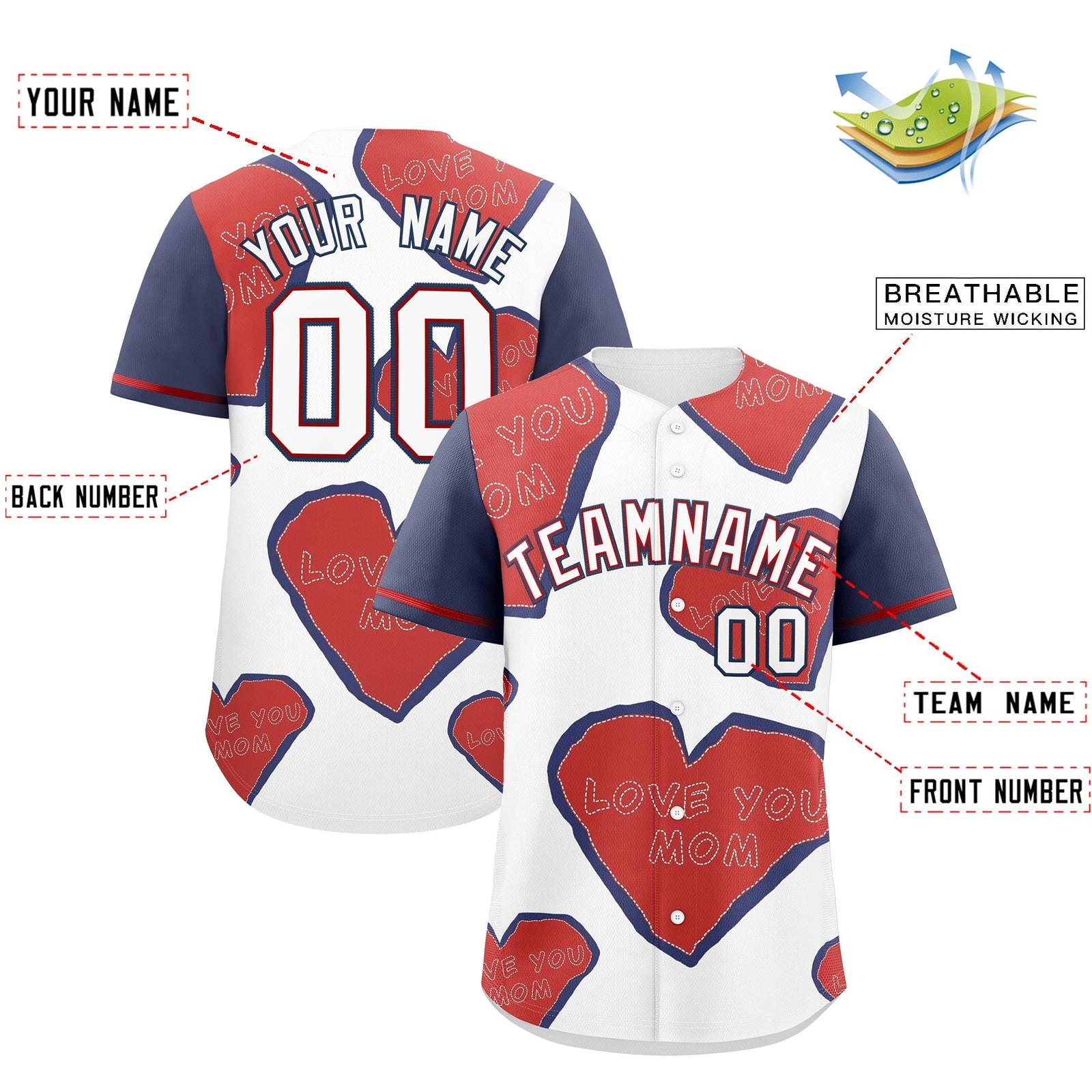 Custom White Red Midnight Blue Mother's Day Style Graffiti Pattern Stretch Fabric Baseball Jersey| KXKSHOP