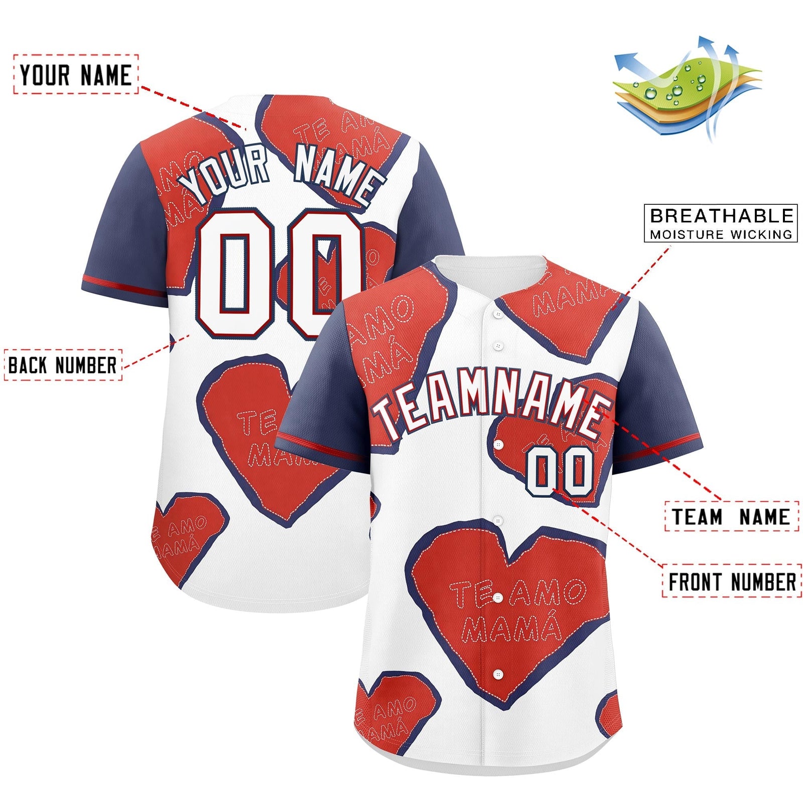 Custom White Red Midnight Blue Mother's Day Style Graffiti Pattern Quick Dry Baseball Jersey| KXKSHOP